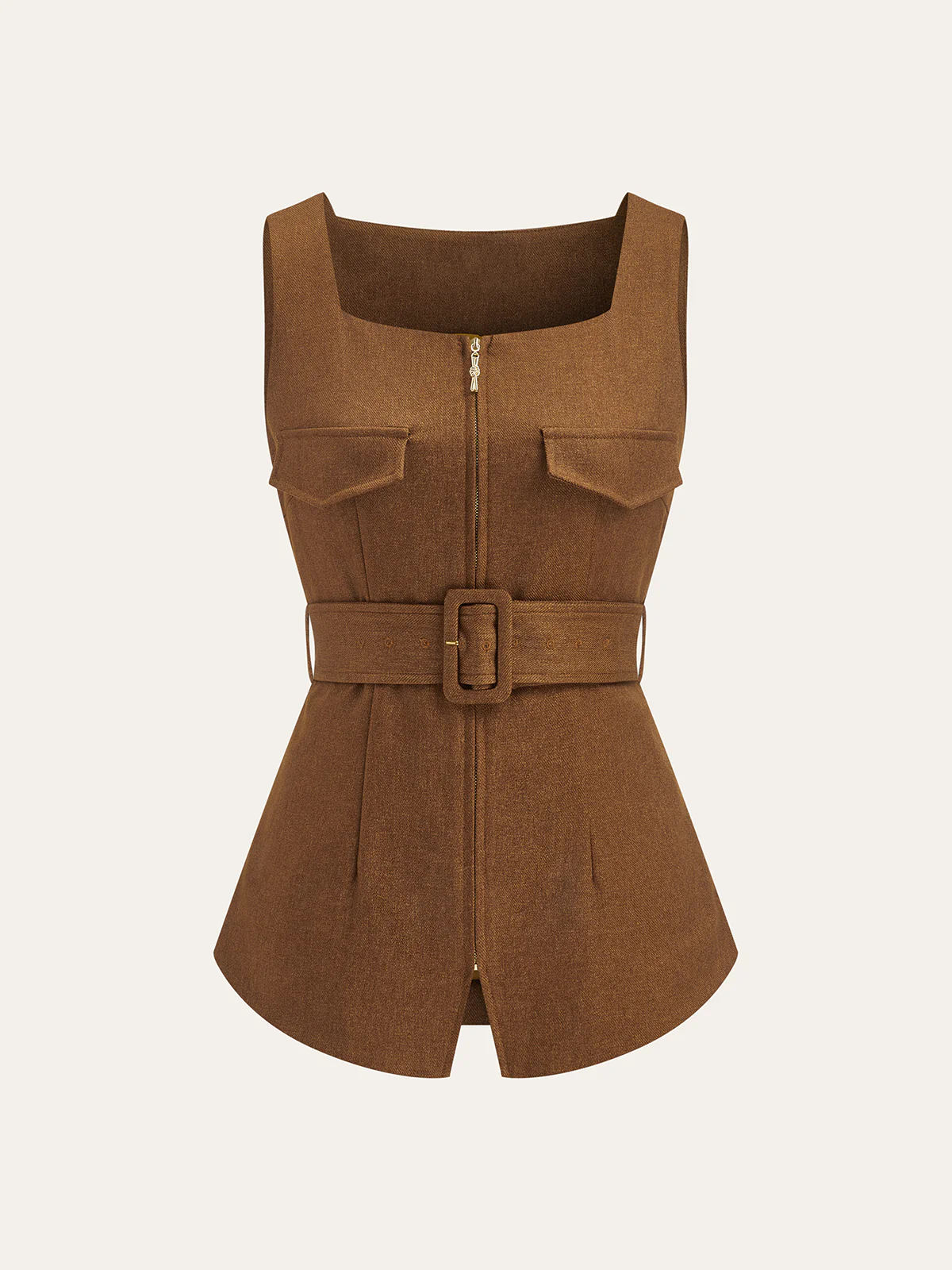Square Neck Zip Front Belted Vest - Wholesalesil