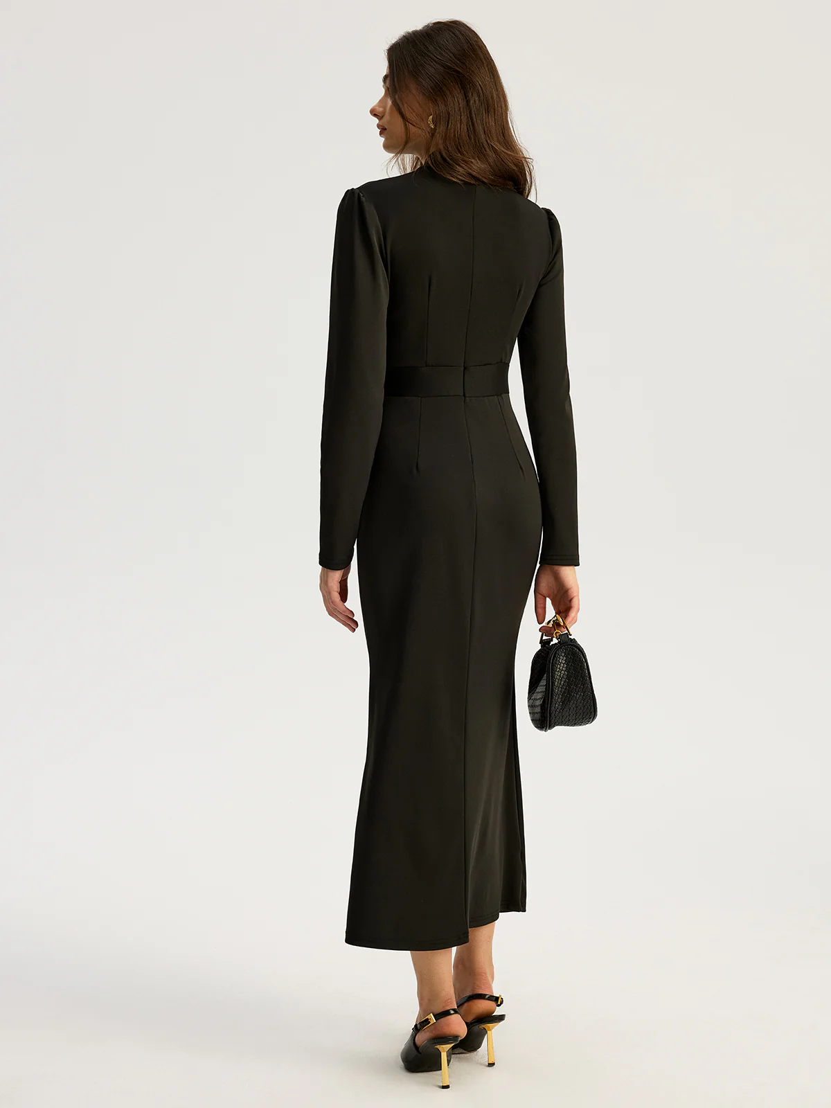 Bow-collar Long-Sleeved Dress with Metal Button - Wholesalesil