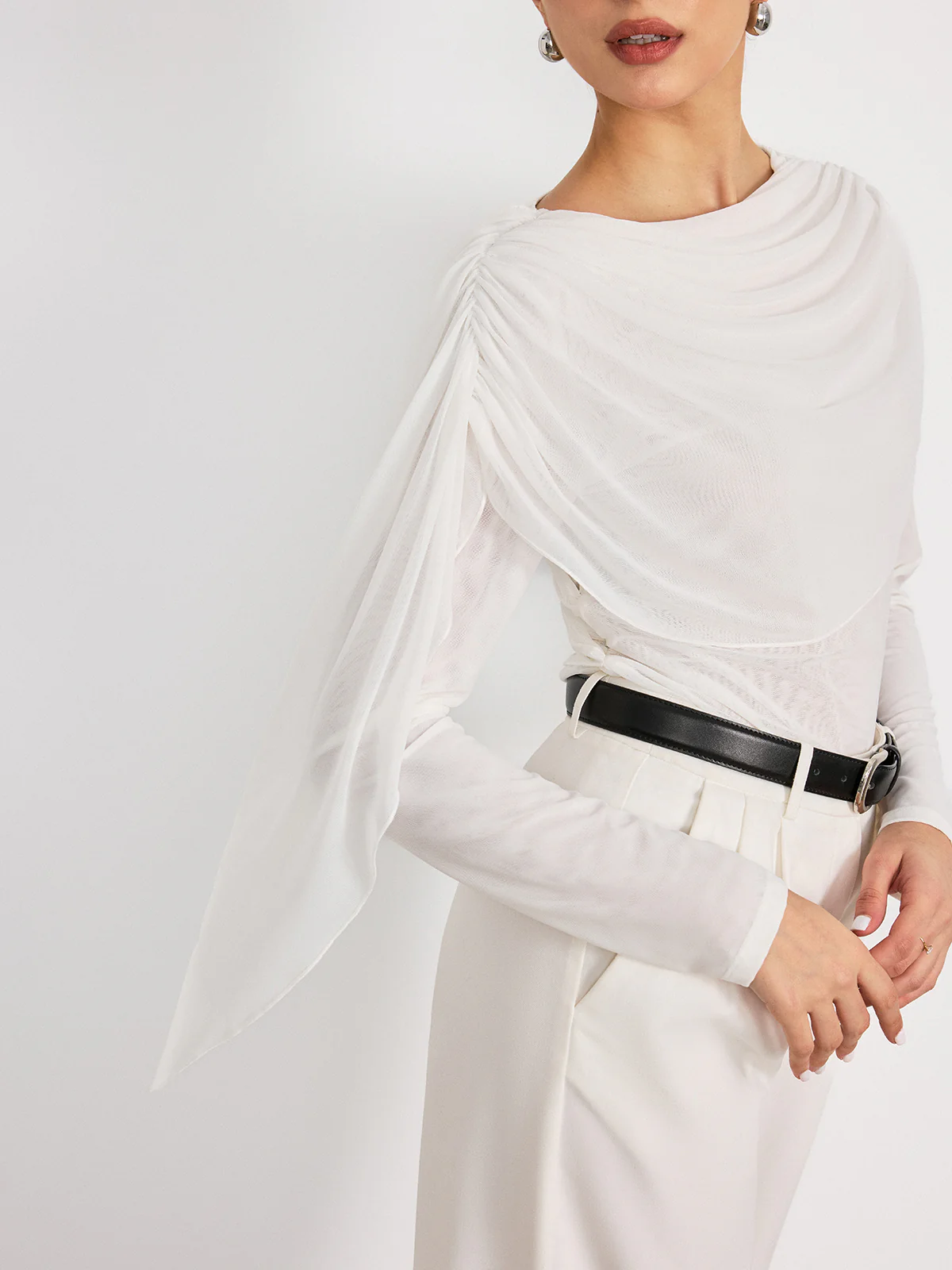 Draped Mesh Long Sleeve Blouse - Wholesalesil