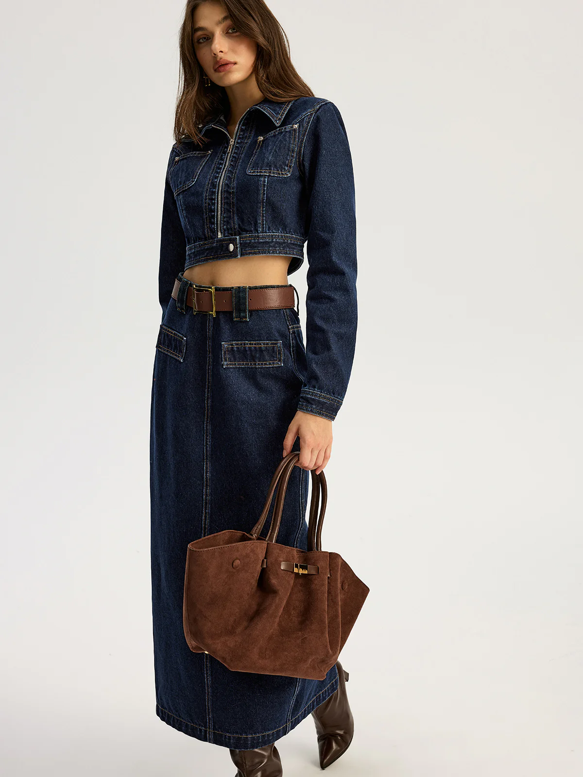 Belted Denim Maxi Skirt - Wholesalesil
