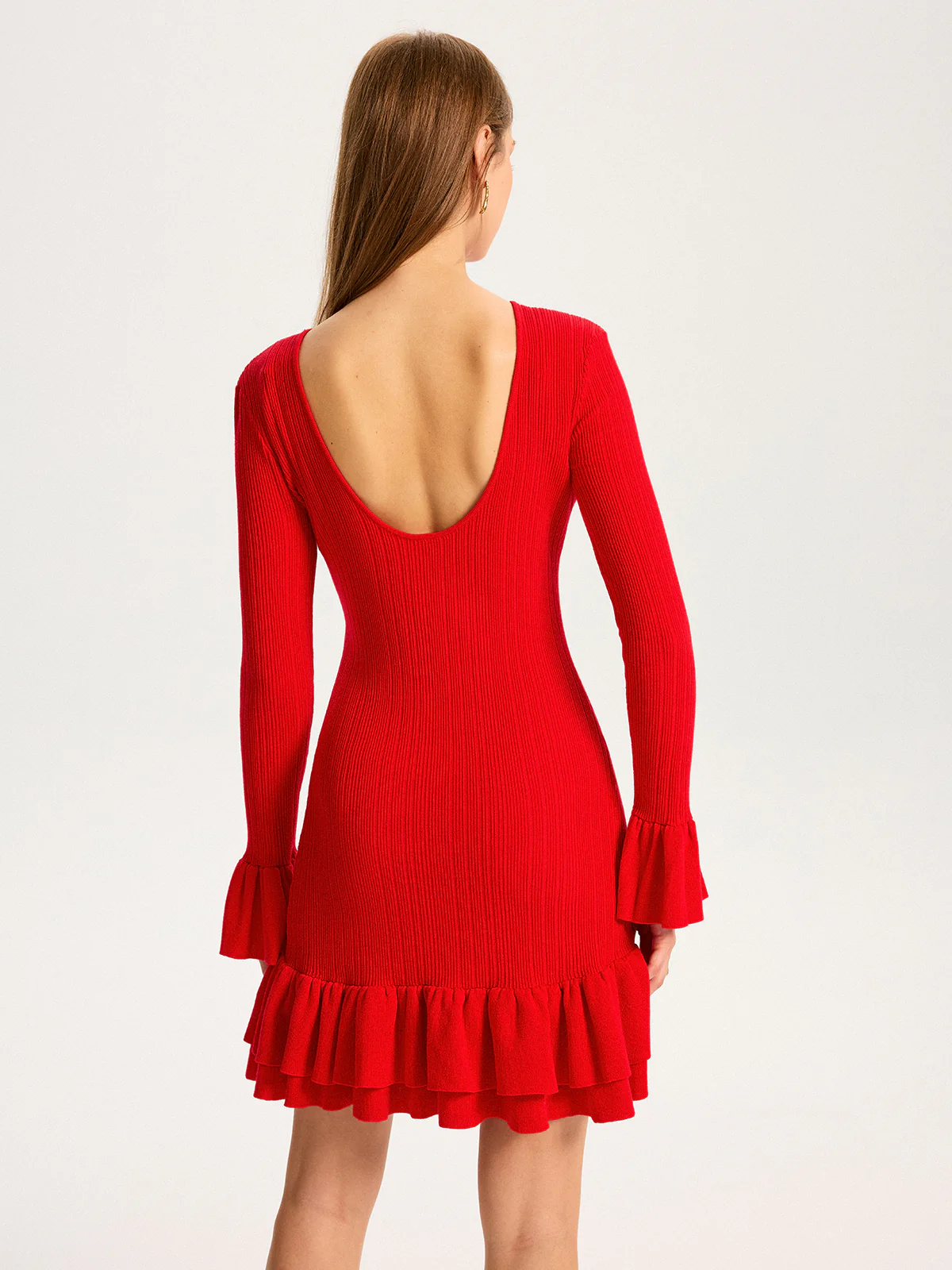 Wool Blend Knit Ruffled Flared Sleeve Mini Dress - Wholesalesil
