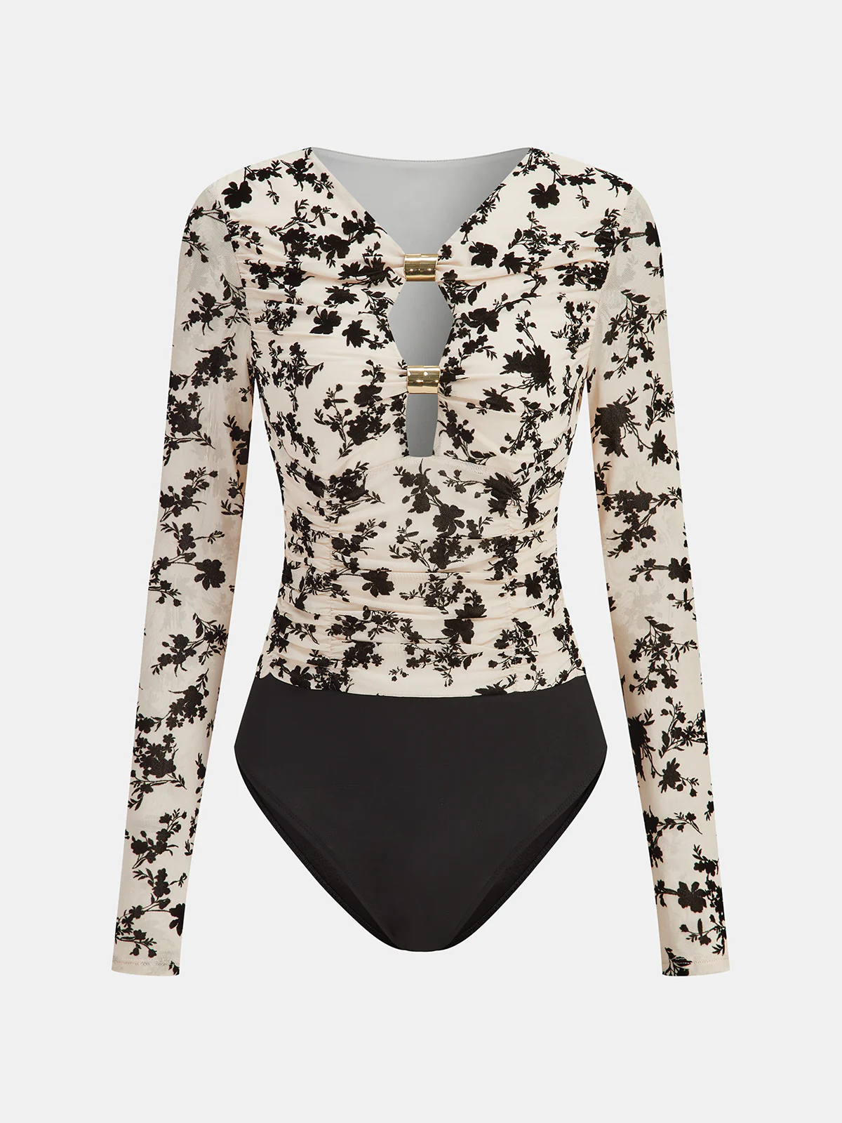 Metal Detail Floral Print Bodysuit - Wholesalesil