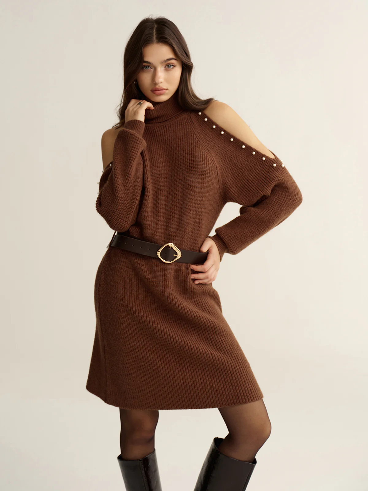 Belted Cold-Shoulder Turtleneck Knit Dress - Wholesalesil