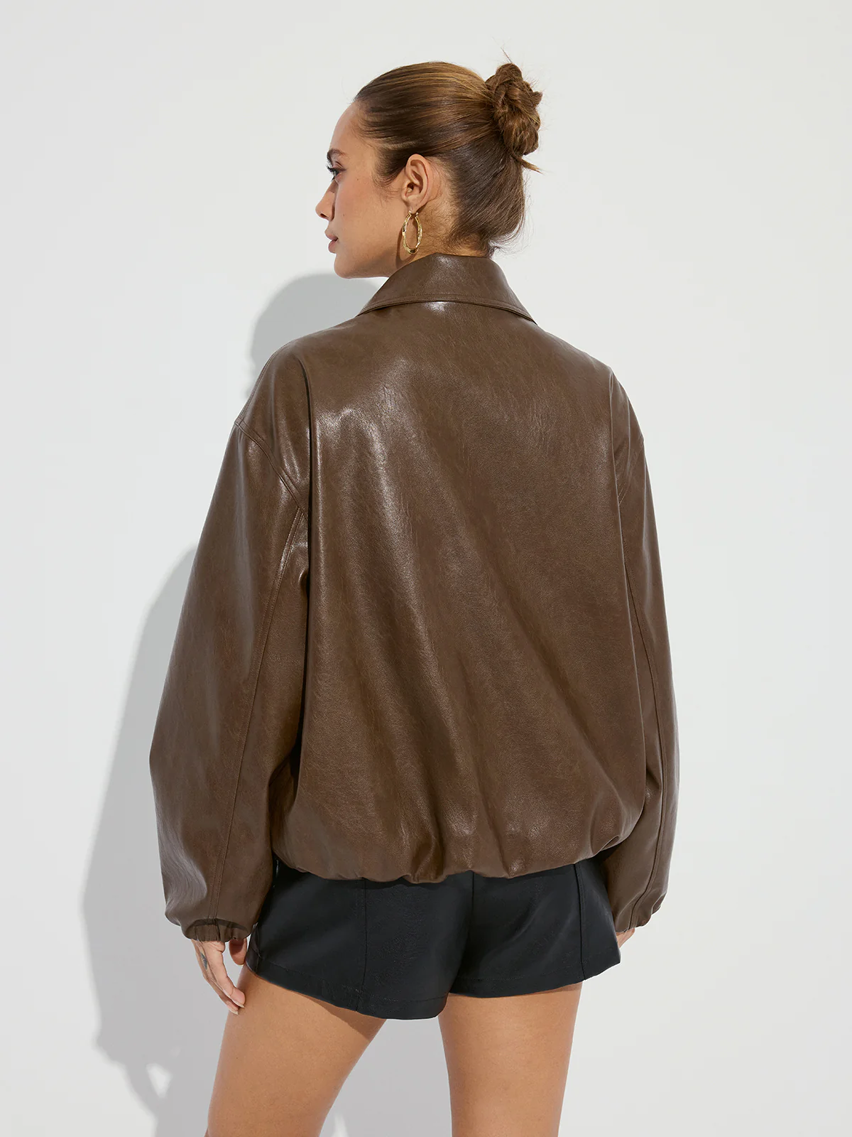 Zip-Front Collared PU Leather Jacket - Wholesalesil