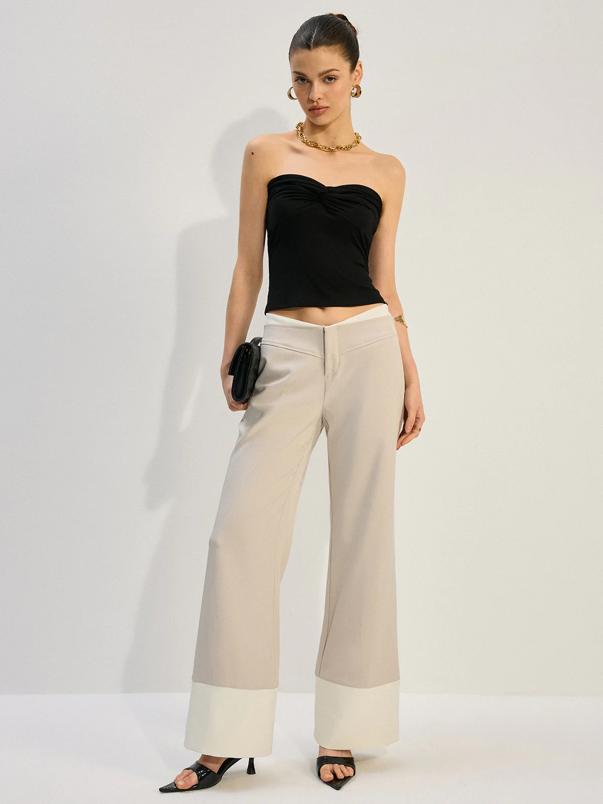 Wide-Leg Low-Waist Pants with Colorblock Hem - Wholesalesil