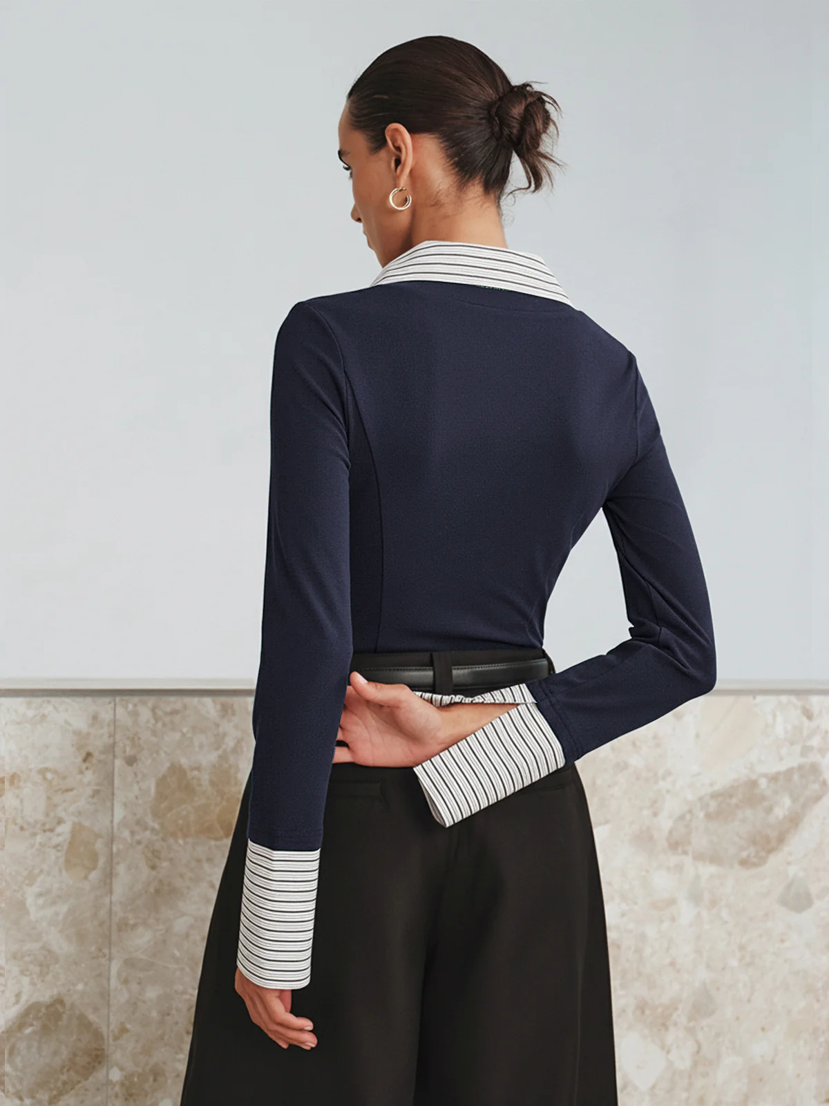 Mock Two-Piece Long-Sleeve Two Tone Polo Top - Wholesalesil