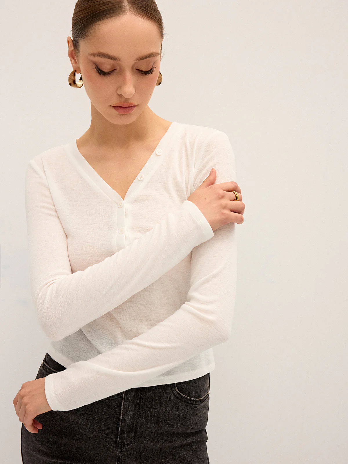 Long Sleeve V-Neck Button T-Shirt - Wholesalesil