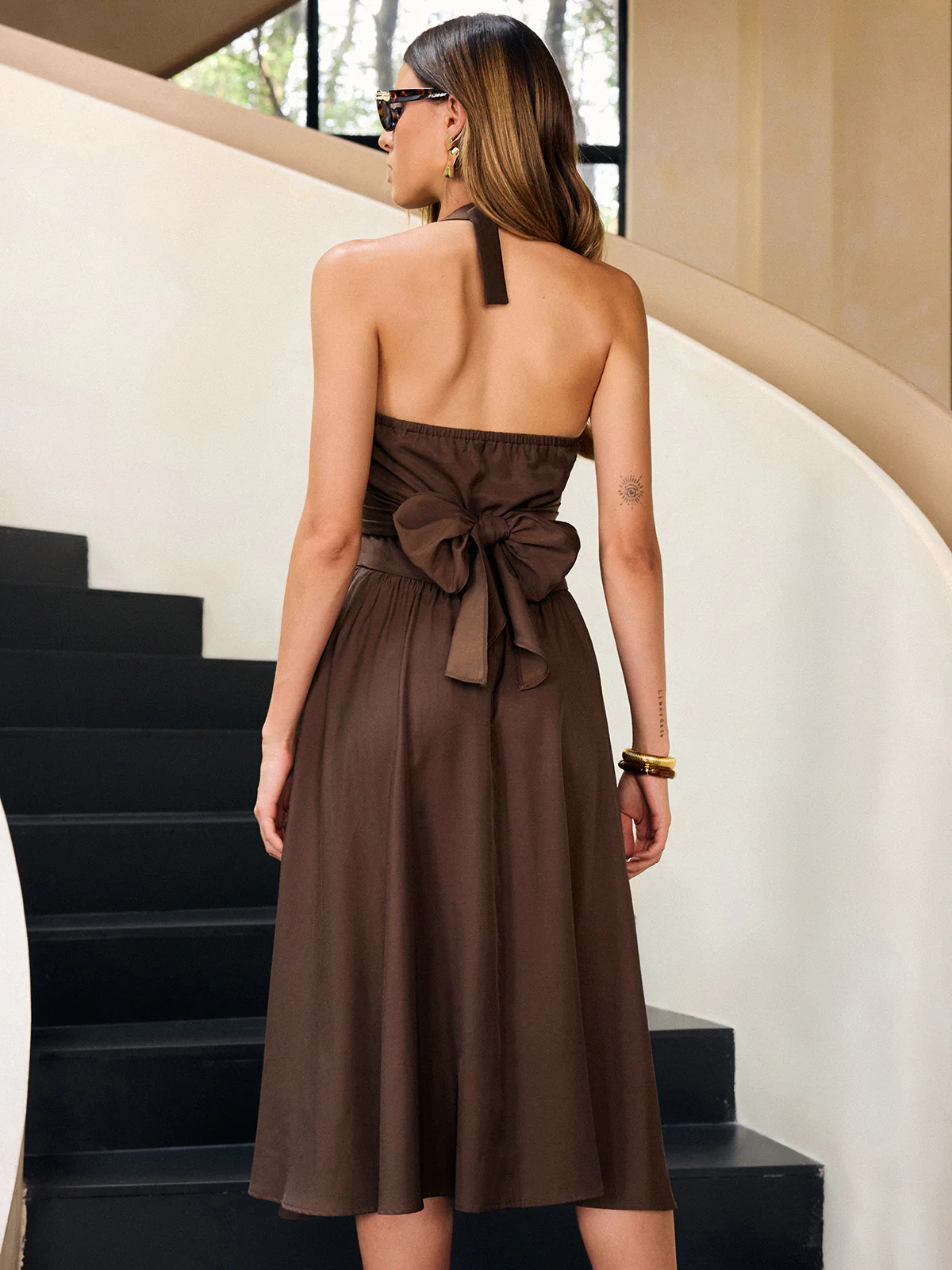 Halter Neck Midi Dress with Back Bow and Front Zipper - Wholesalesil