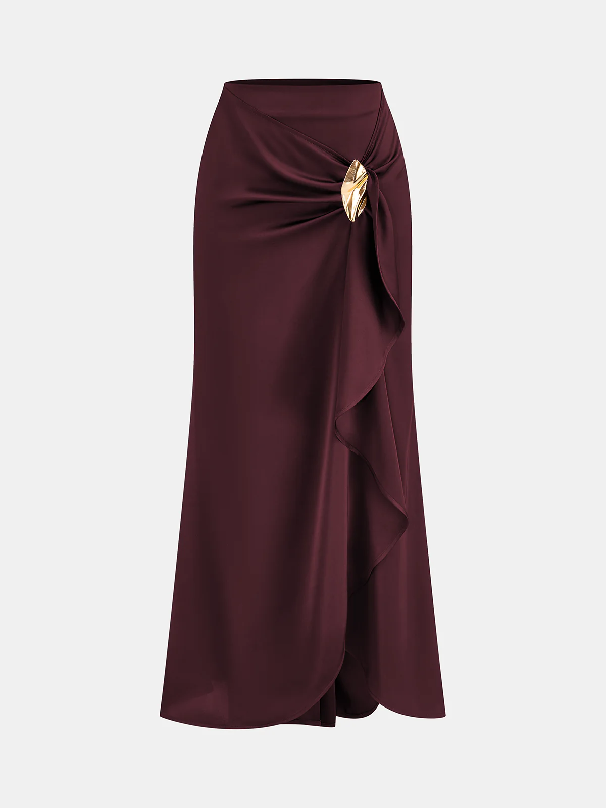 Asymmetric Ruffle Metal Detail Satin Maxi Skirt - Wholesalesil