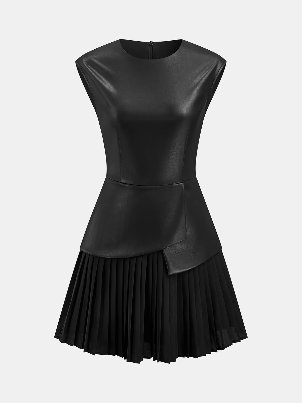 Pleated Panel Sleeveless PU Leather Dress - Wholesalesil