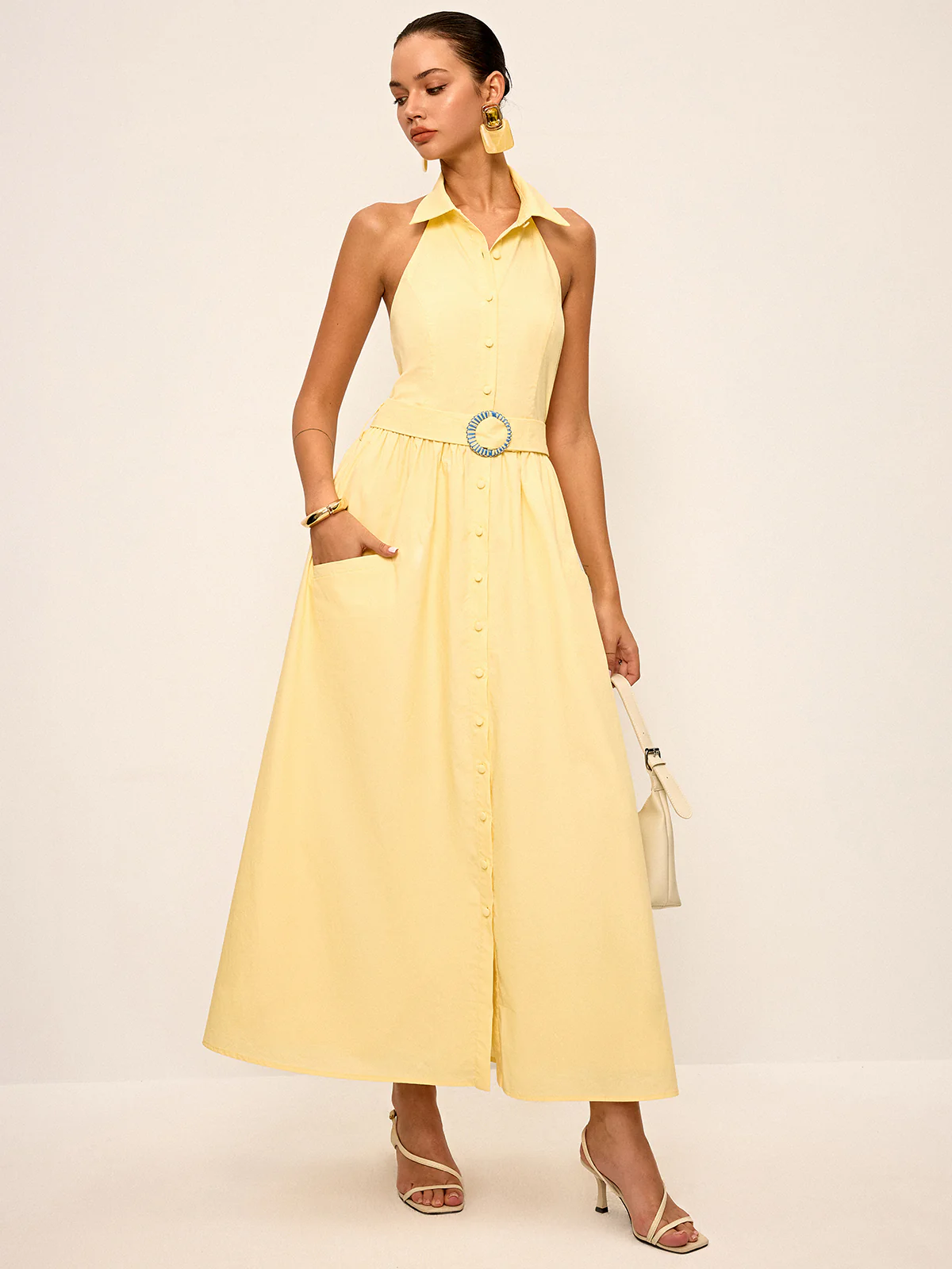 Halter Neck Backless Shirt Dress with Belt - Wholesalesil