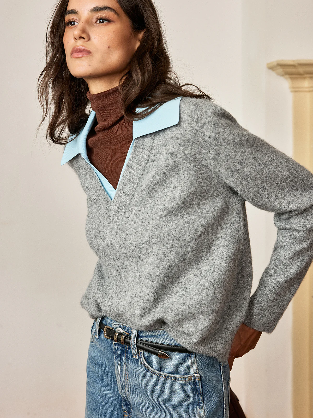 Contrast Collar Wool Blend Sweater - Wholesalesil