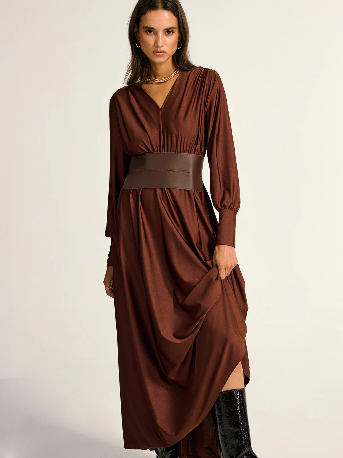 Wide Belted Long Sleeve V-Neck Maxi Dress - Wholesalesil