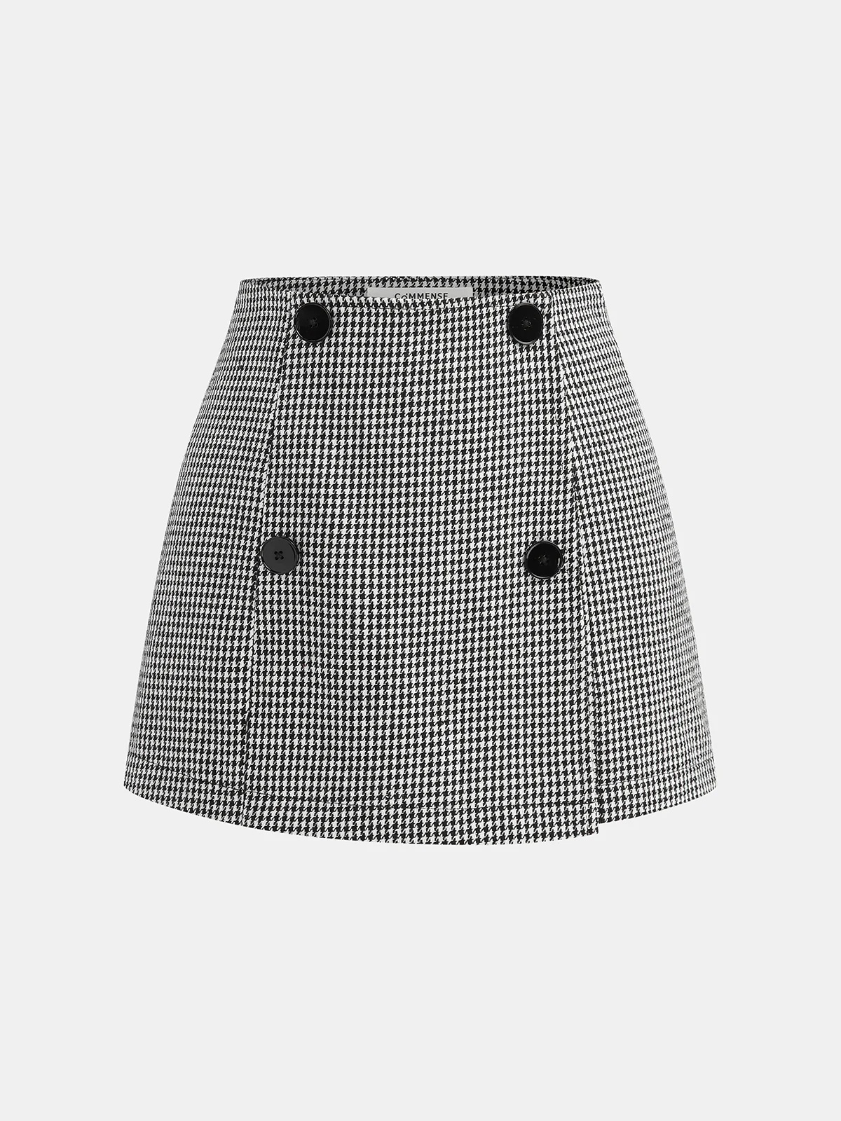 Houndstooth Tweed Double-Breasted Mini Skirt - Wholesalesil