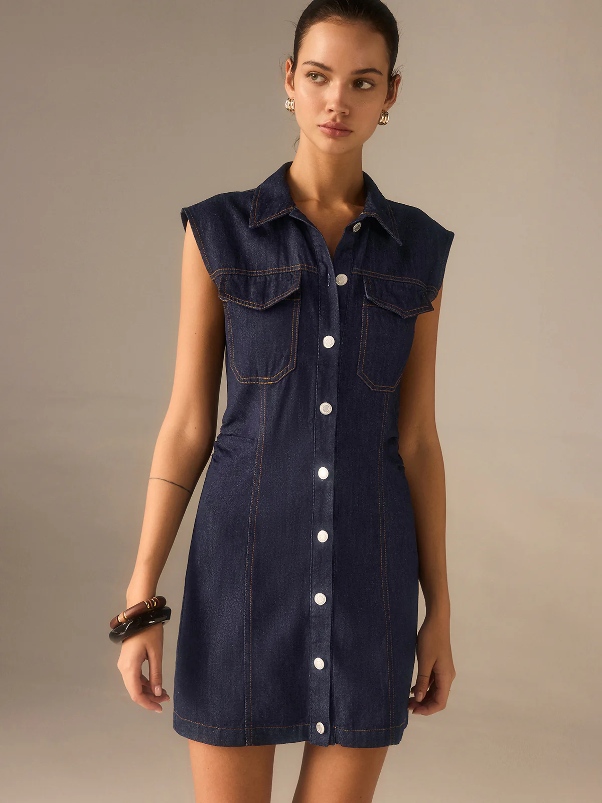 Denim Button-Front Collared Sleeveless Dress Without Belted - Wholesalesil
