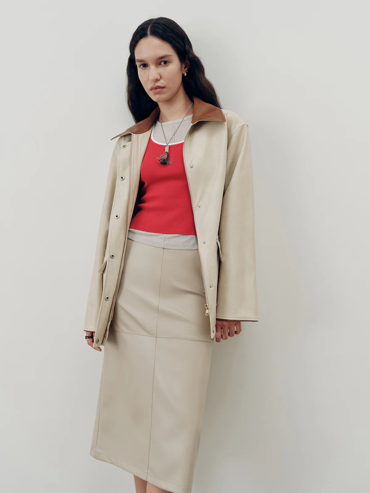 Contrast Collar PU Leather Jacket - Wholesalesil