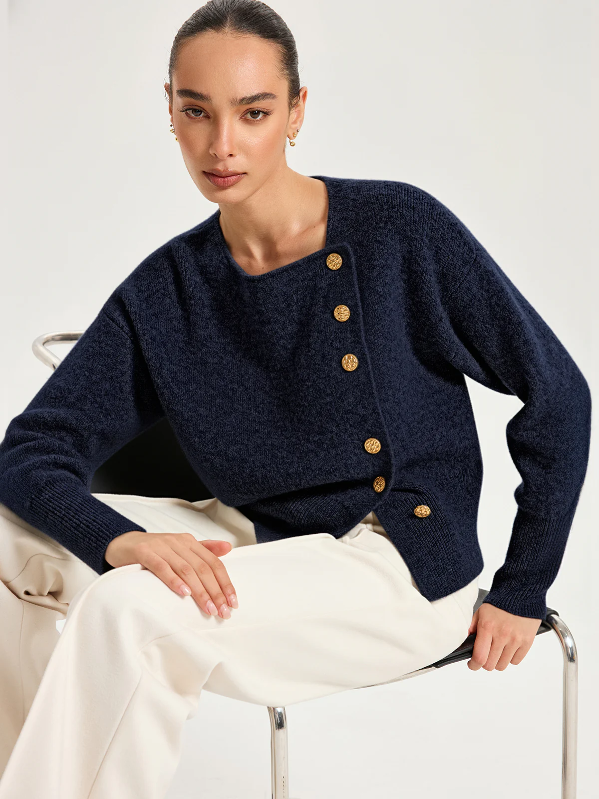 Asymmetric Metal Button Wool-Blend Cardigan - Wholesalesil