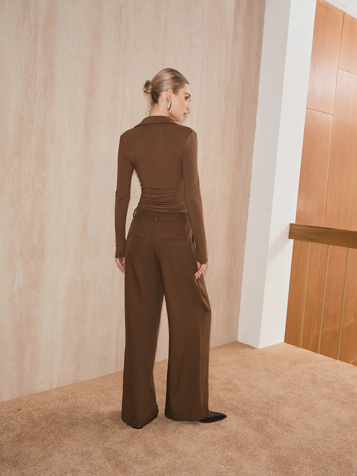 Wrap-Front Ruched V-Neck Collared T-Shirt - Wholesalesil