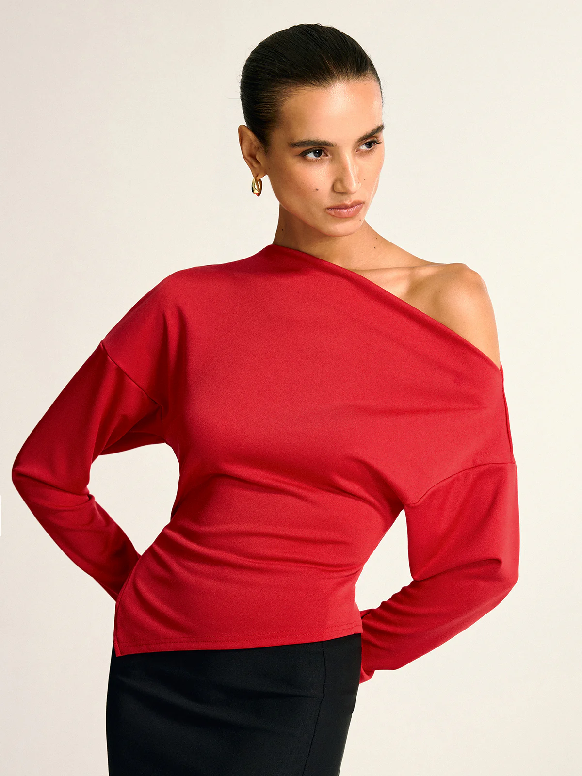 Asymmetric Off-Shoulder Split Long Sleeve Blouse - Wholesalesil