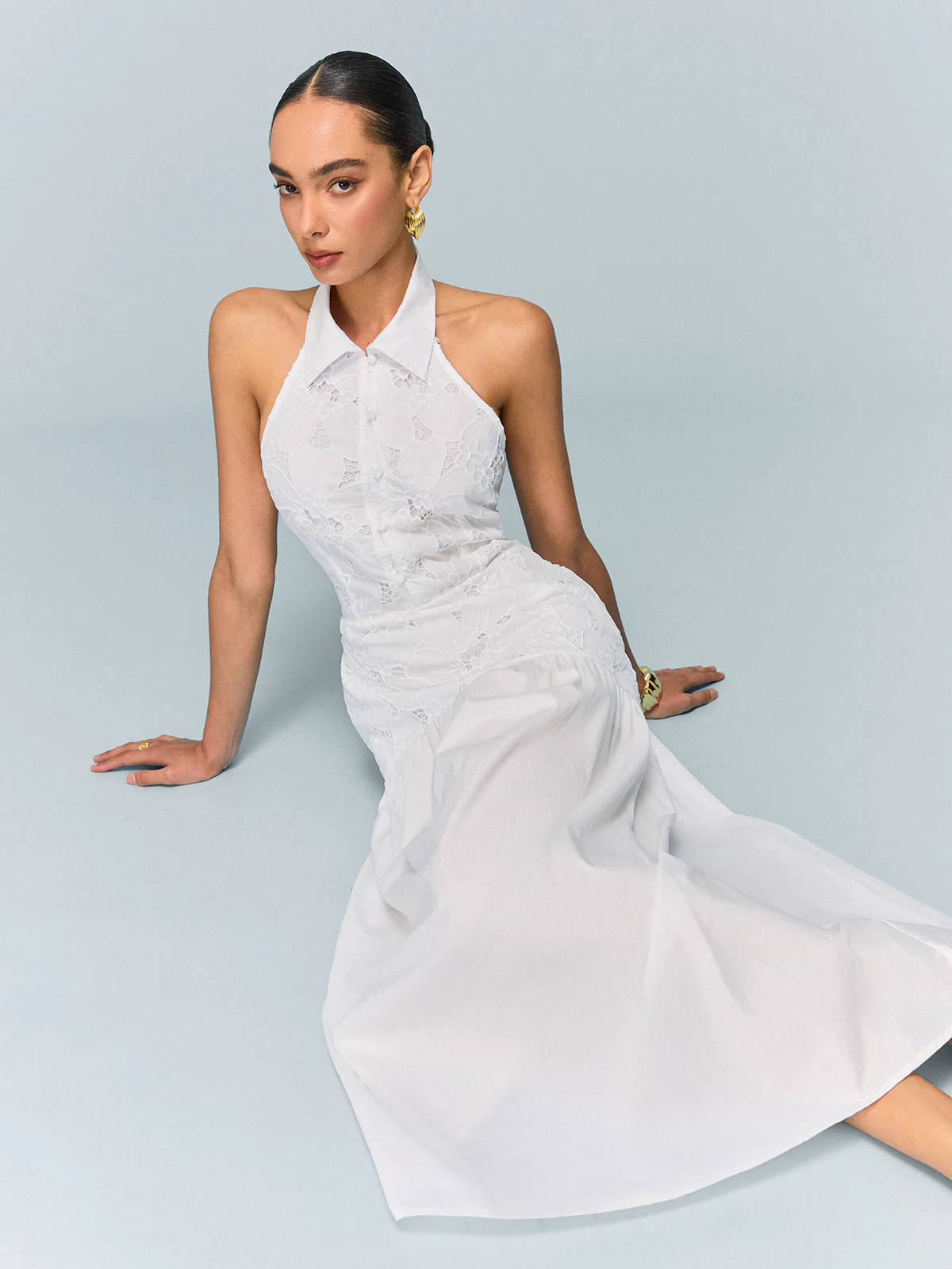 Pocketed Halter Neck Embroidered Dress with Non-Belted - Wholesalesil