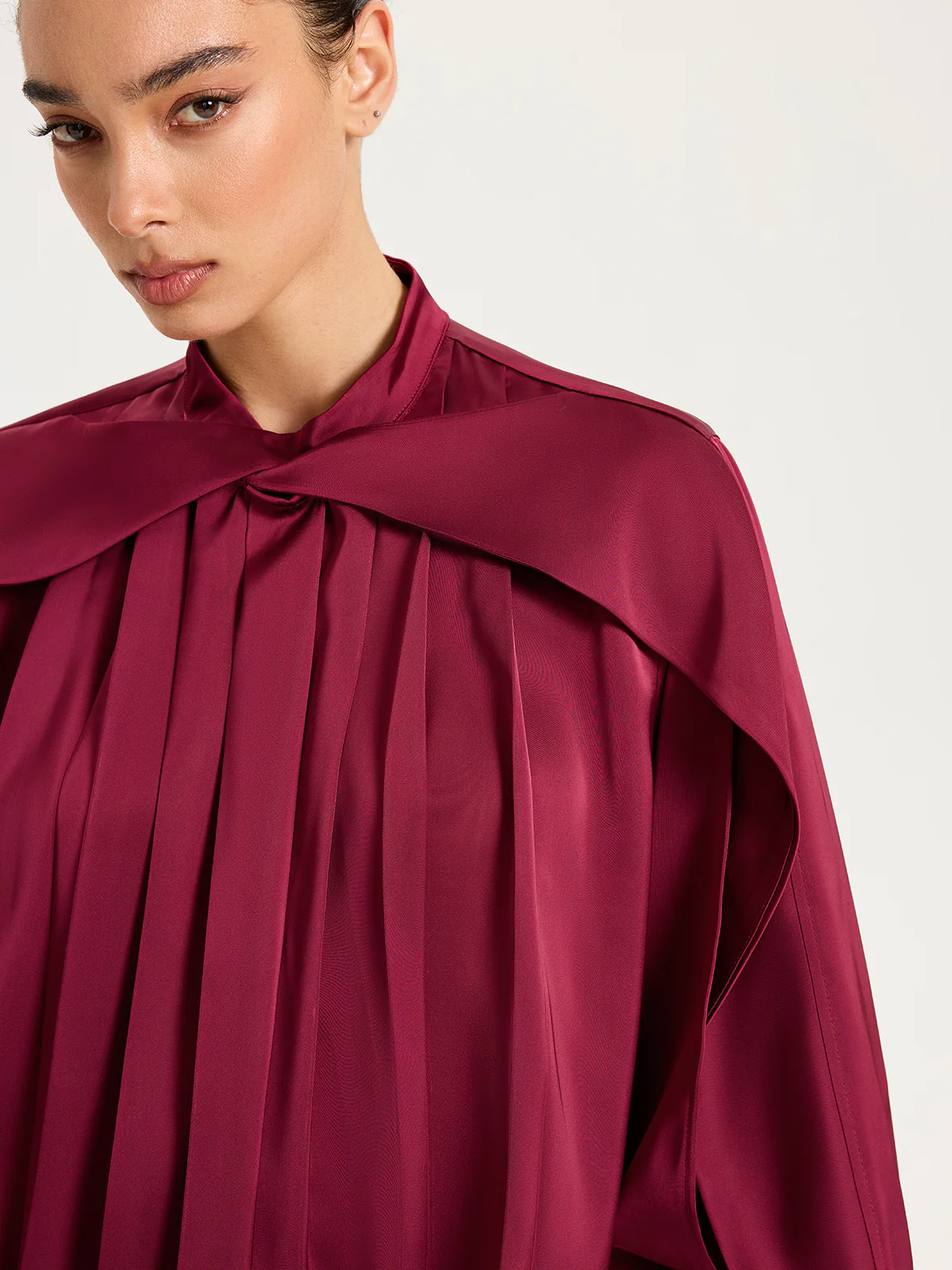 Satin Pleated Blouse with Cut-Out Sleeve - Wholesalesil