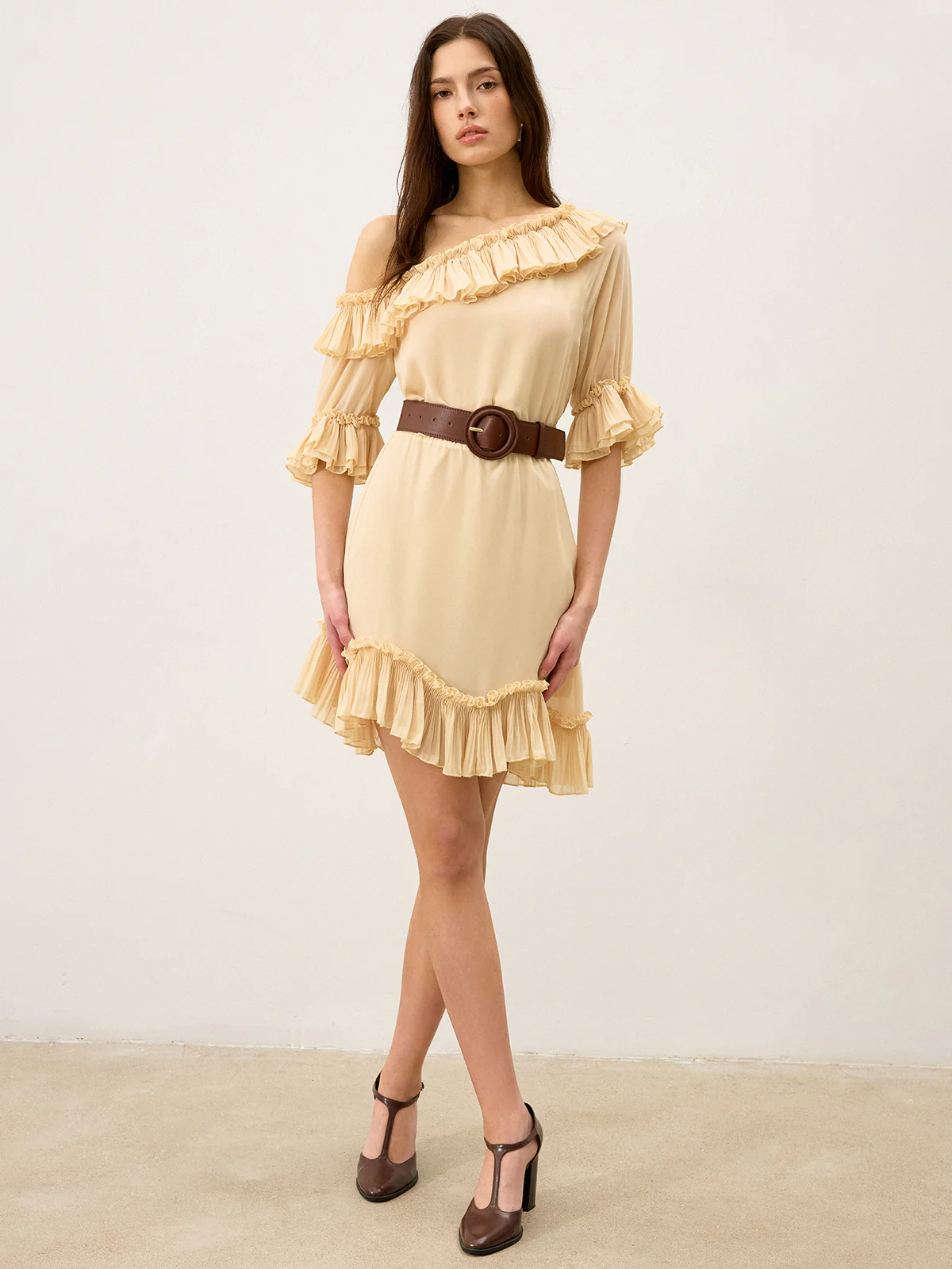 Semi-Sheer Chiffon One-Shoulder Ruffled Mini Dress - Wholesalesil