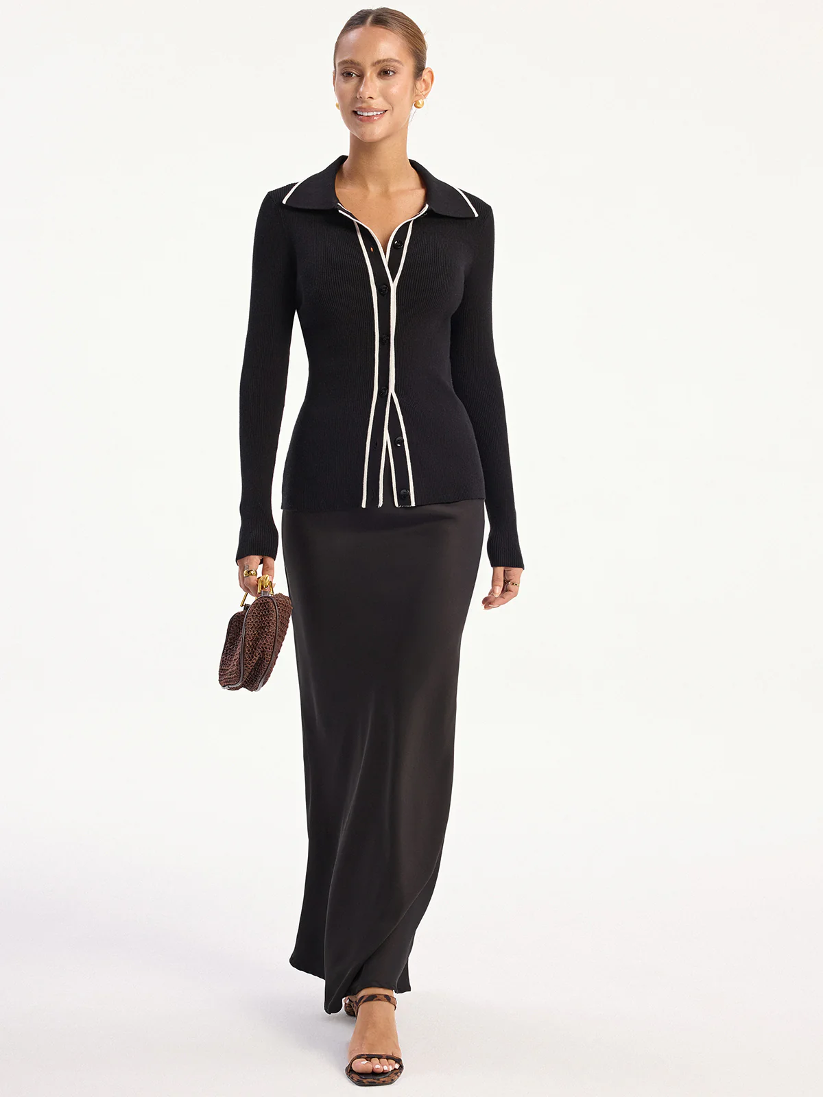 Contrast-Trim Polo Collar Knit Cardigan - Wholesalesil