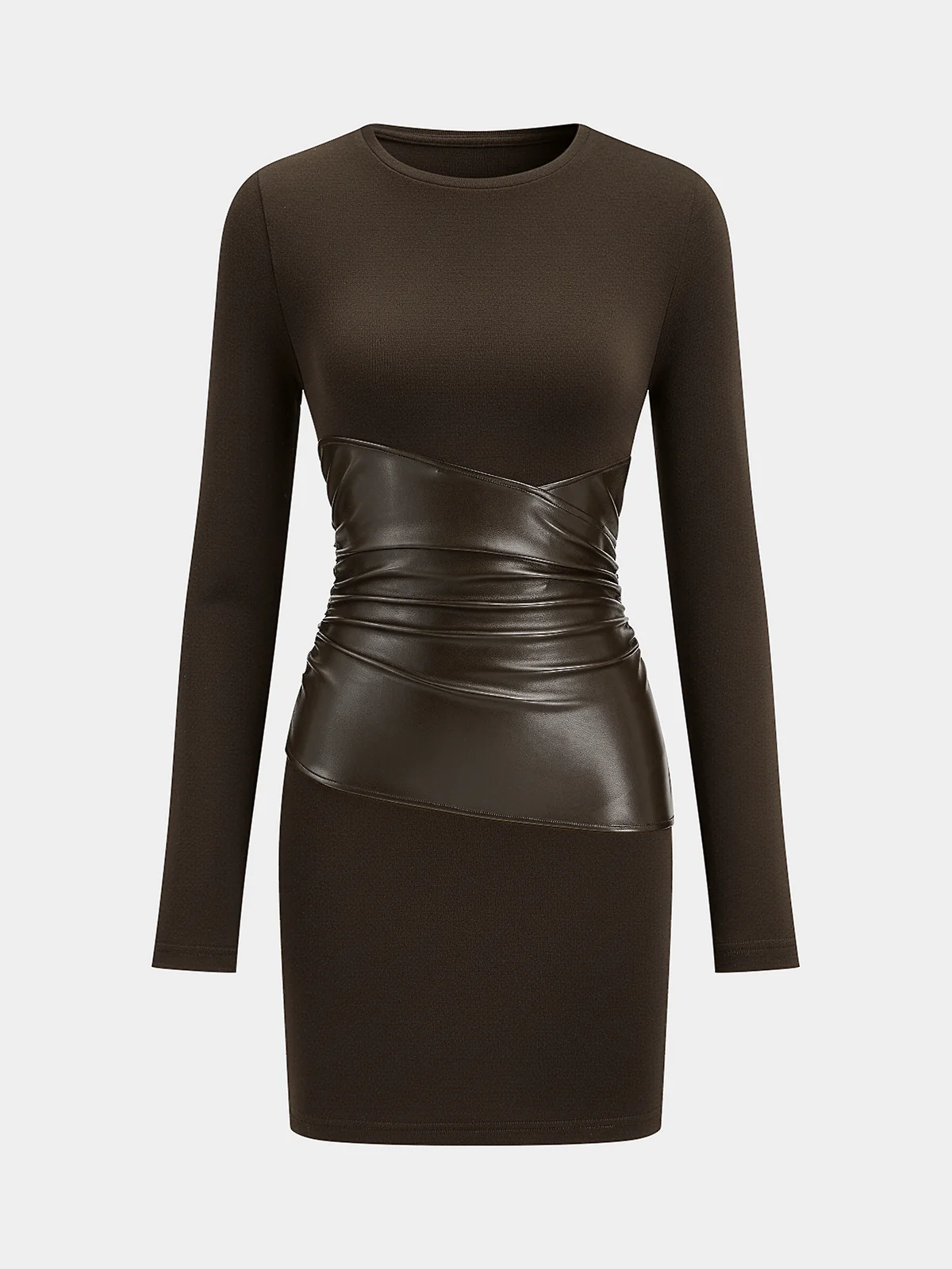 PU Leather Panel Long Sleeve Knit Dress - Wholesalesil