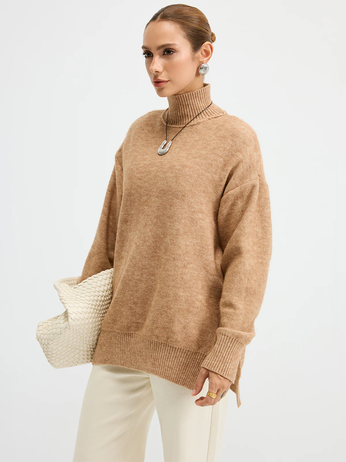 Turtleneck Side-Slit Oversized Casual Sweater - Wholesalesil