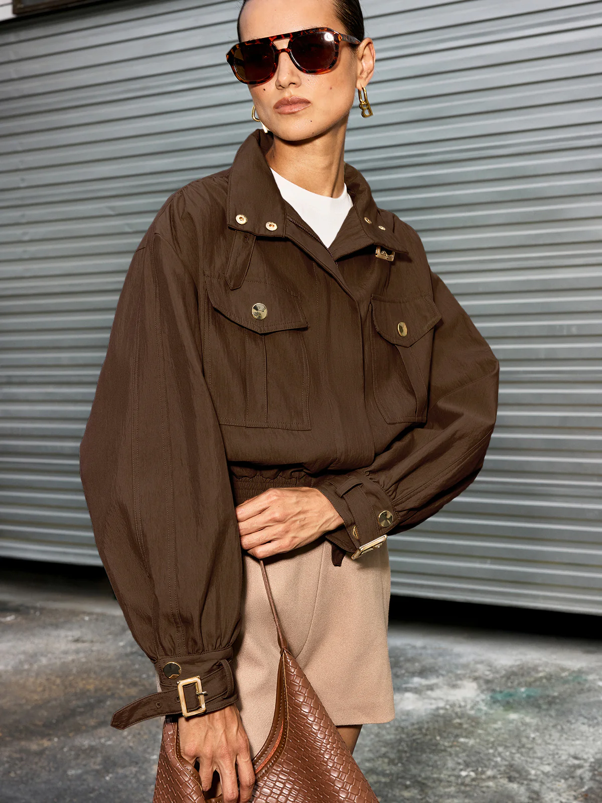 Belted Collar Cotton Blend Cropped Jacket - Wholesalesil