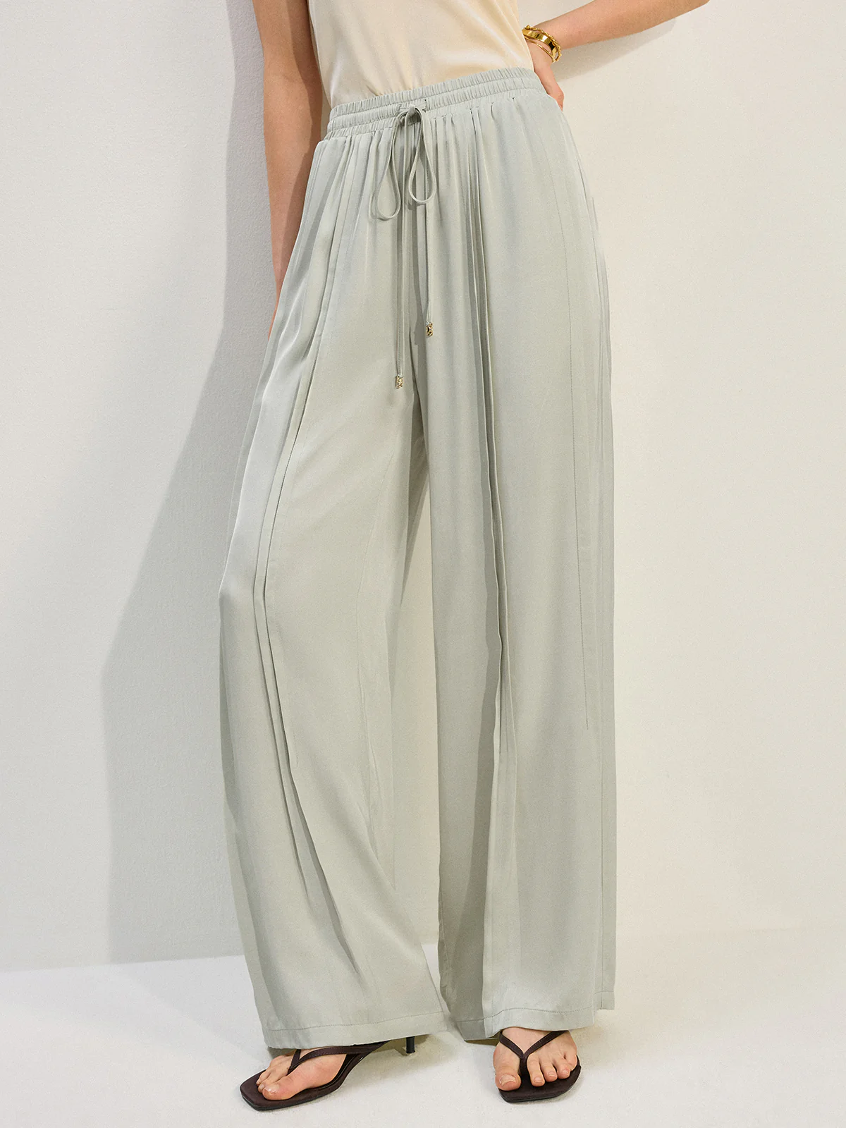 Tencel Rayon Satin Wide-Leg Pants with Pleats - Wholesalesil
