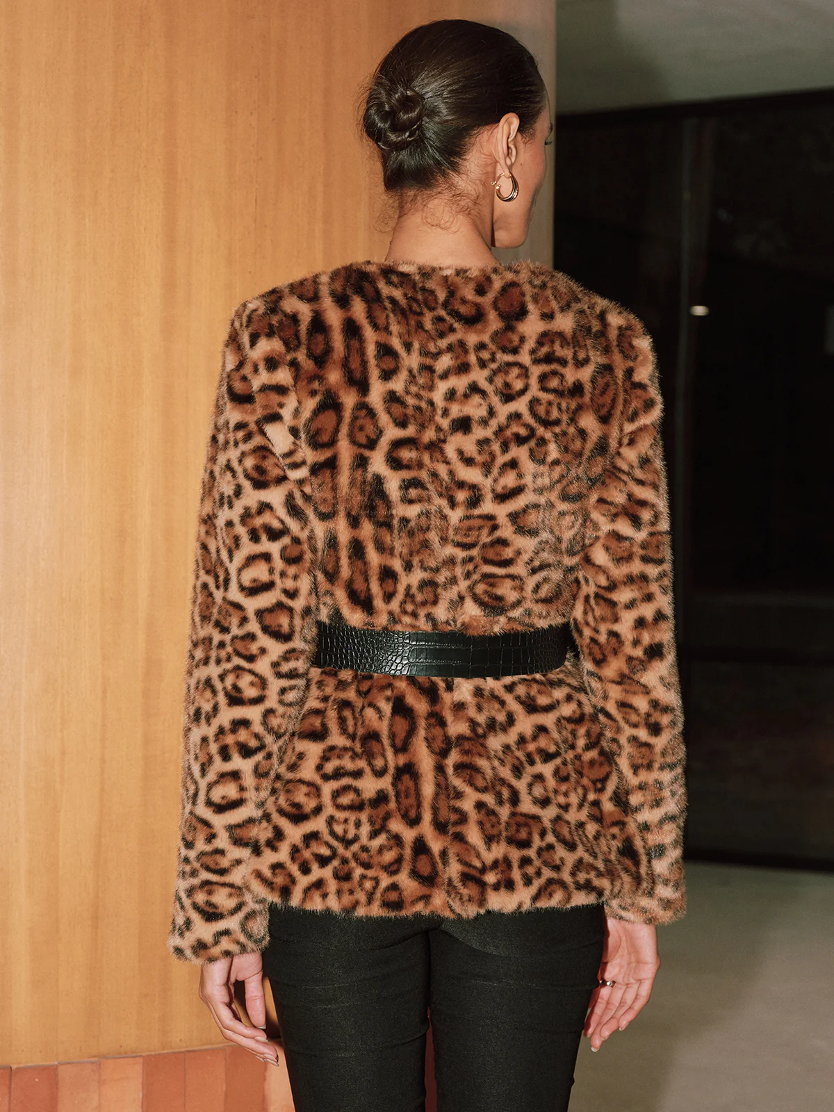 Belted Leopard Faux Fur Coat - Wholesalesil