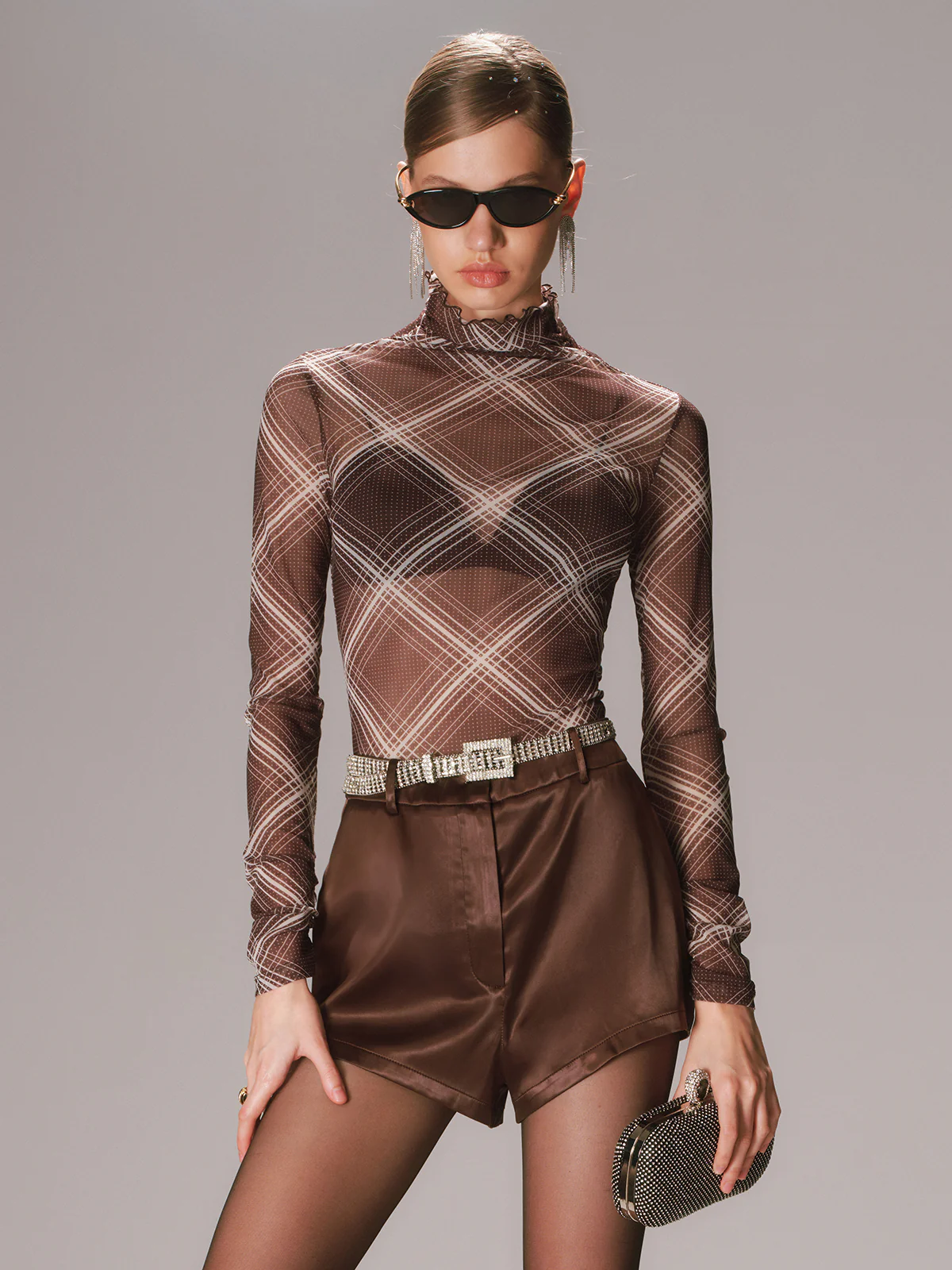 Turtleneck Sheer Mesh Plaid Long Sleeve Top - Wholesalesil