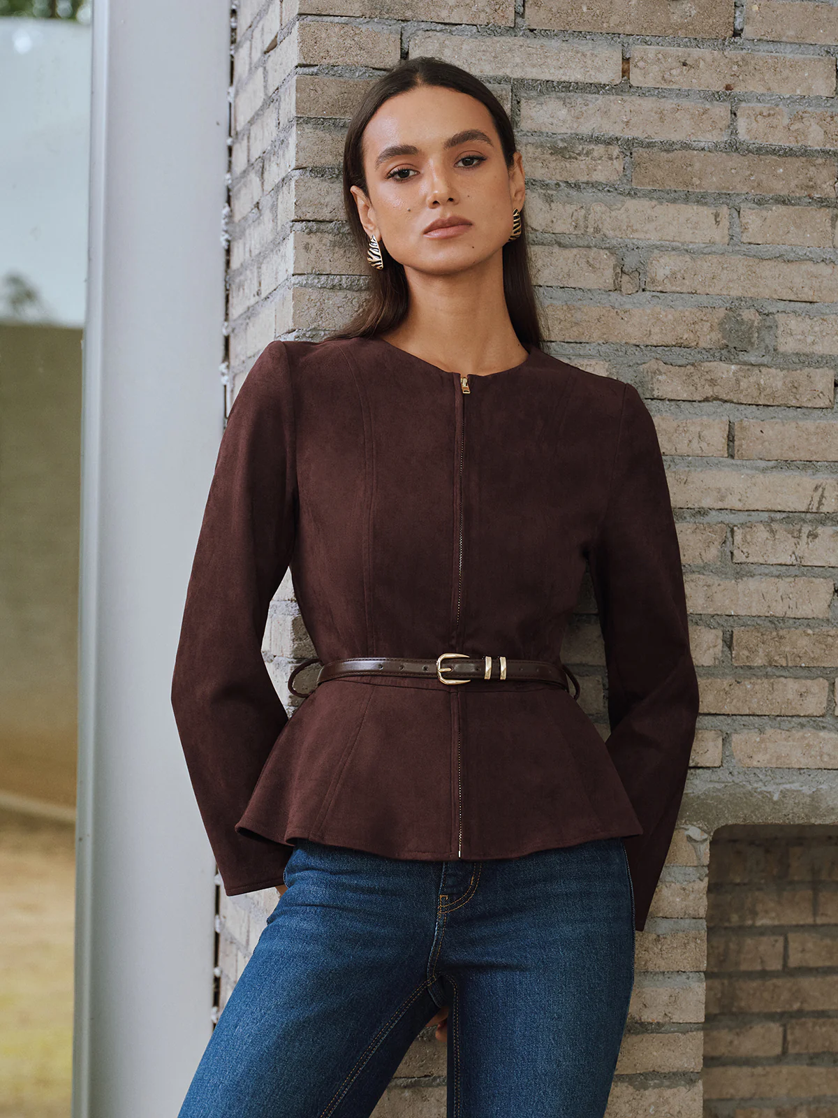Belted Suede Effect Zipper Jacket - Wholesalesil