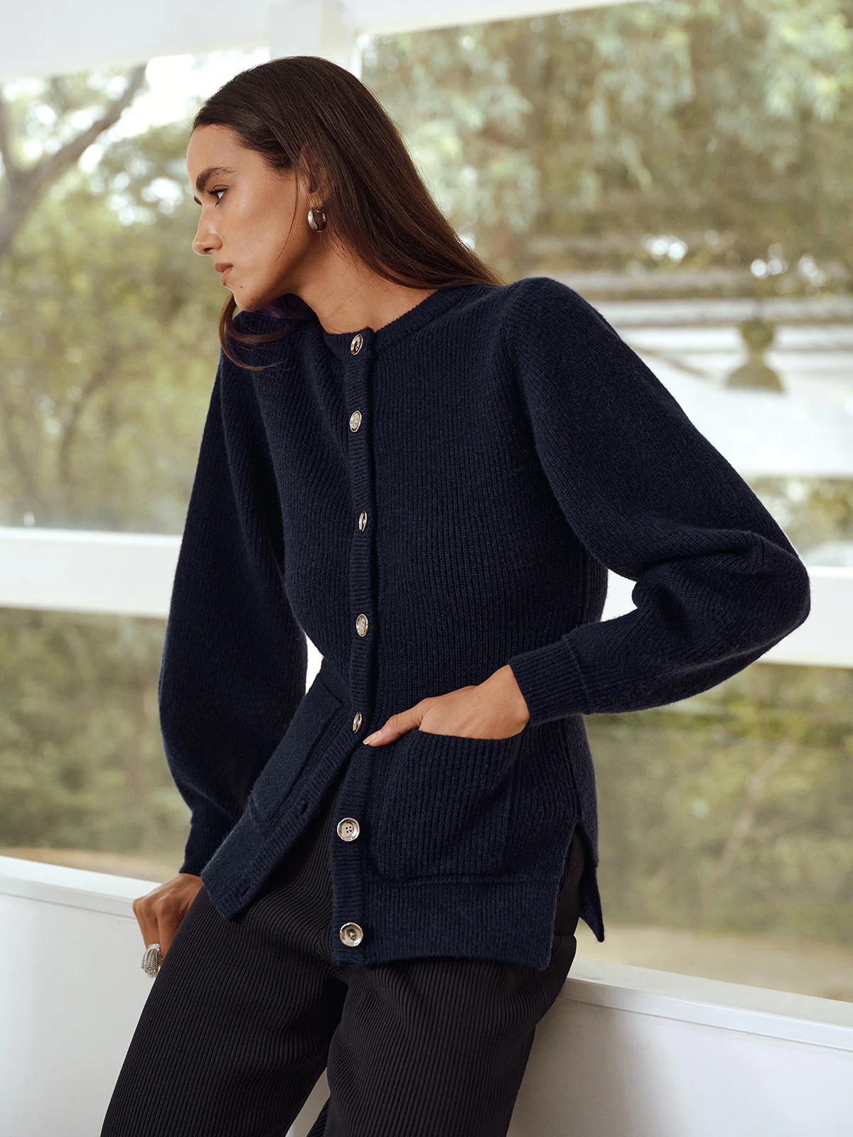 Button-Front Crew Neck Ribbed Knit Cardigan - Wholesalesil