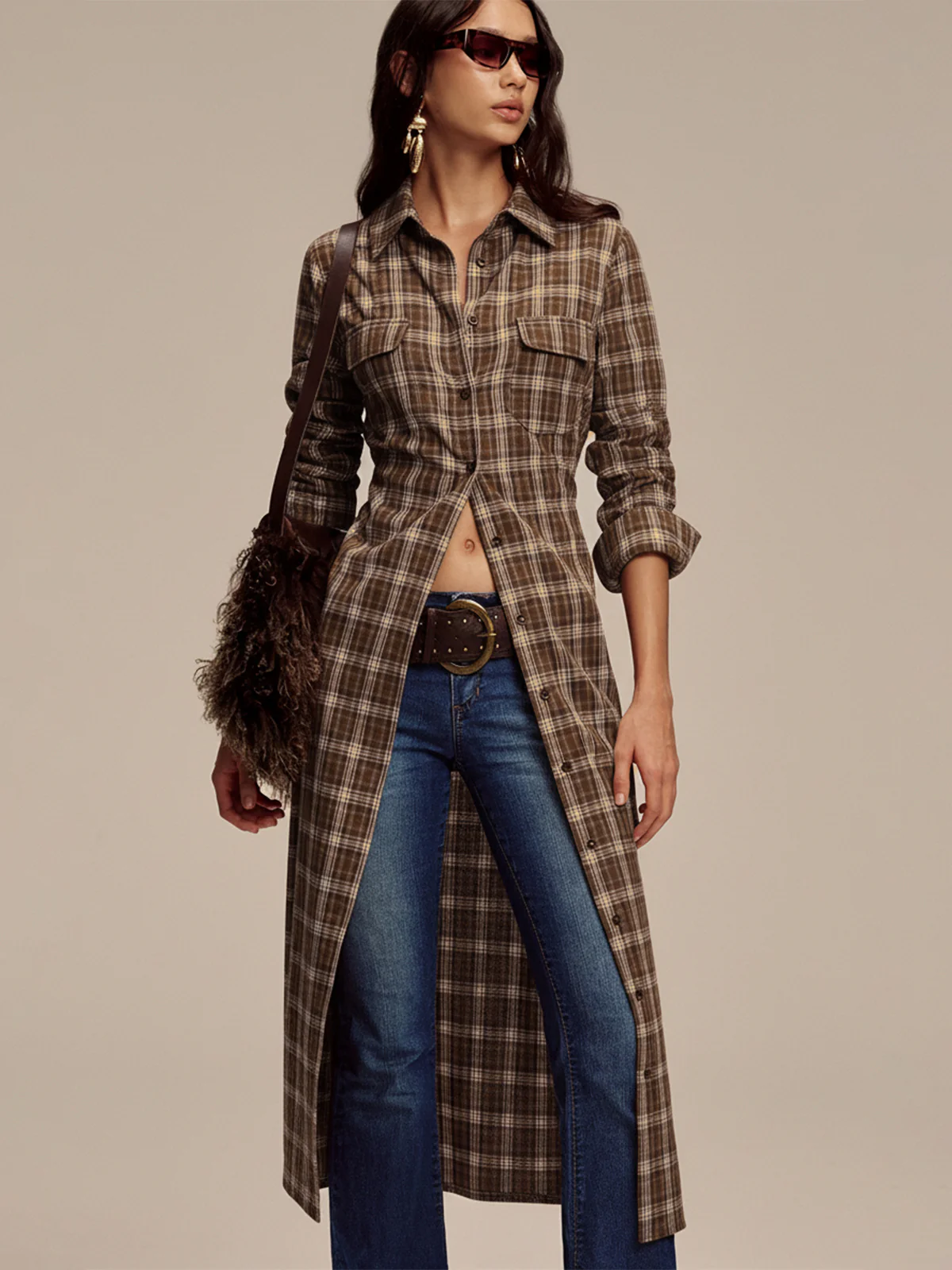 Plaid Button Front Shirt Dress - Wholesalesil