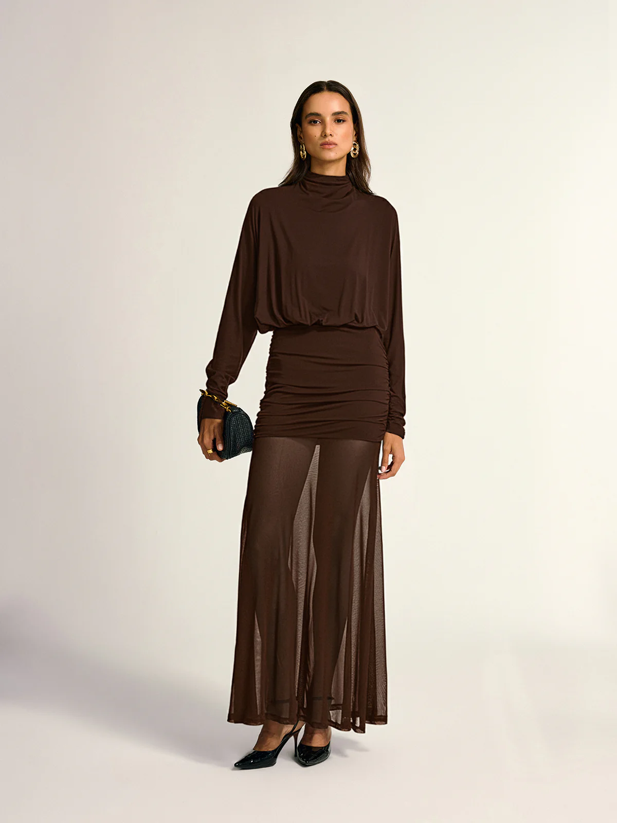Turtleneck Long Sleeve Drape Ruched Mesh Dress - Wholesalesil