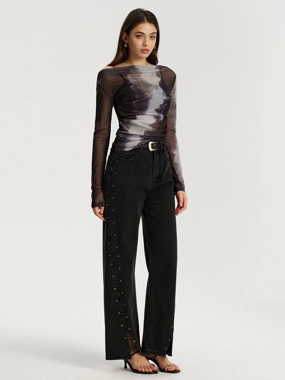 Mesh Tie-Dye Off-Shoulder Long Sleeve T-Shirt - Wholesalesil