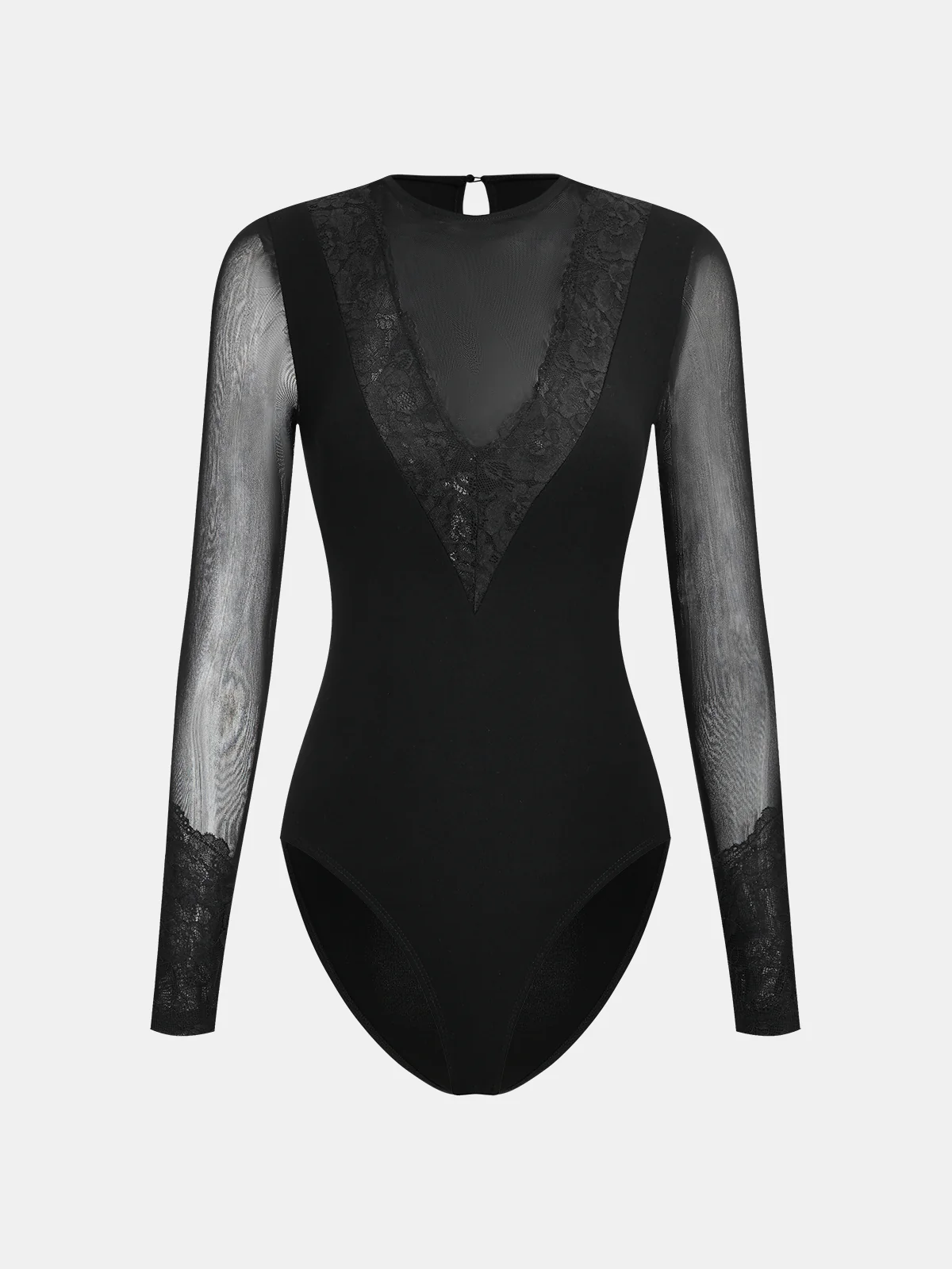 Semi-Sheer Mesh Lace Panel Long-Sleeve Bodysuit - Wholesalesil