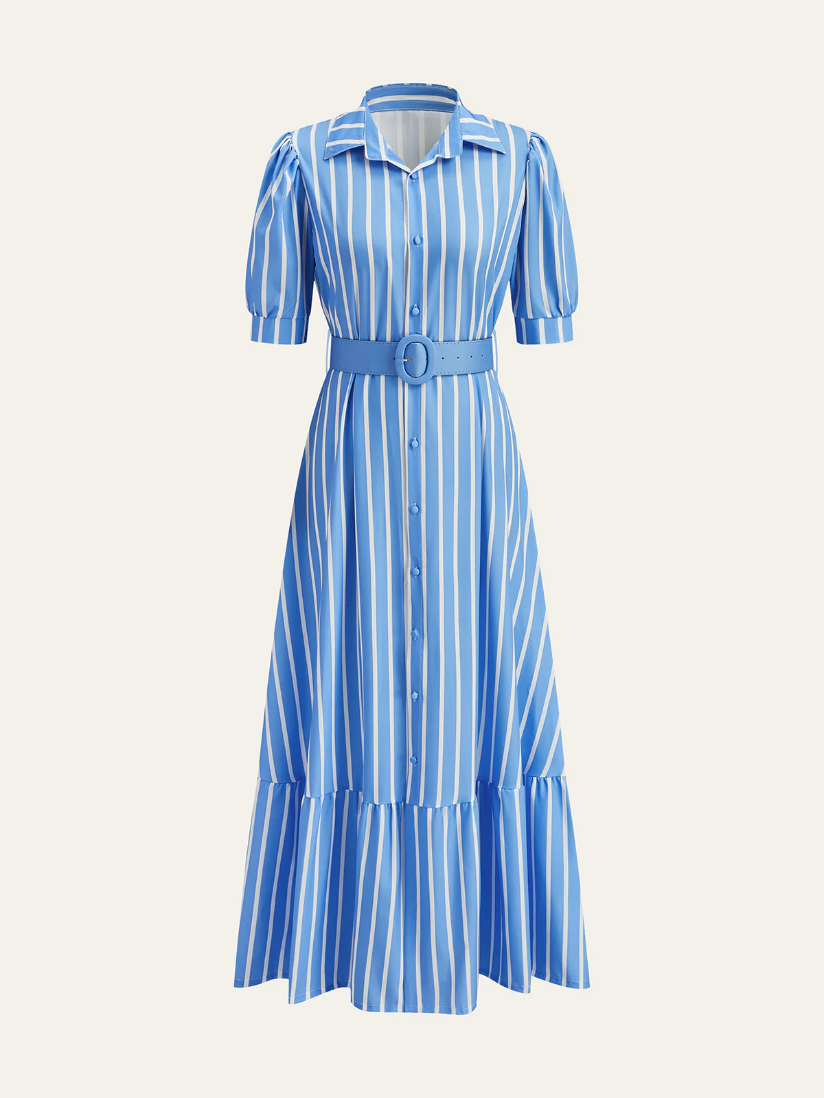 Belted Striped Dress with Puff Sleeves - Wholesalesil