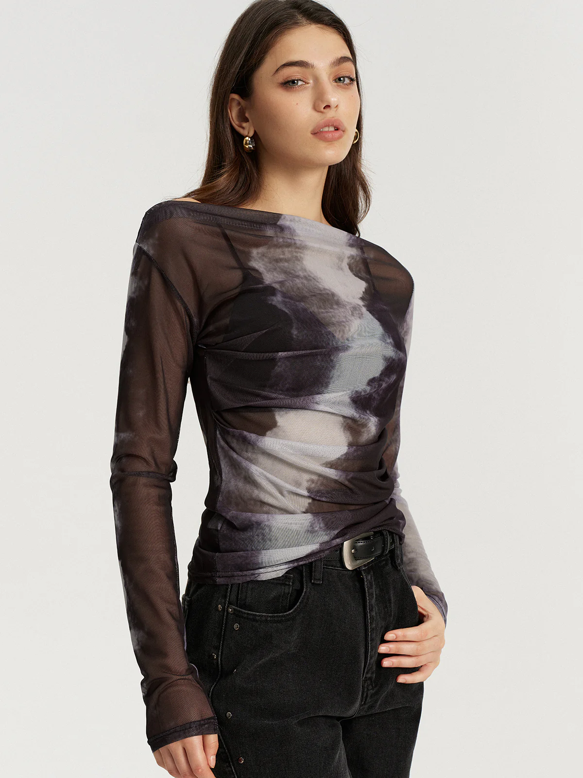 Mesh Tie-Dye Off-Shoulder Long Sleeve T-Shirt - Wholesalesil