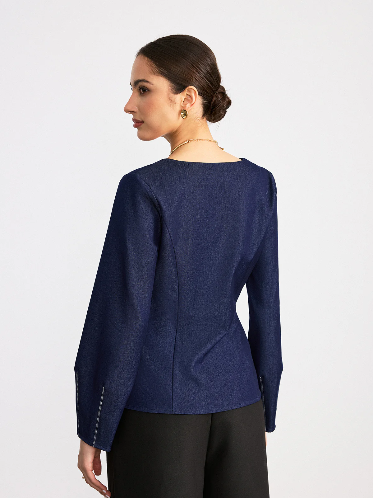 Notch Neck Contrast Stitched Blouse - Wholesalesil