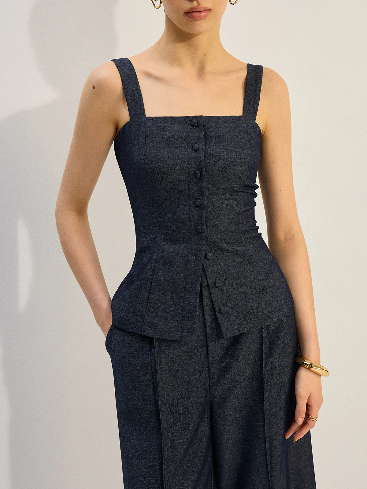 Button-Front Denim Vest Top - Wholesalesil