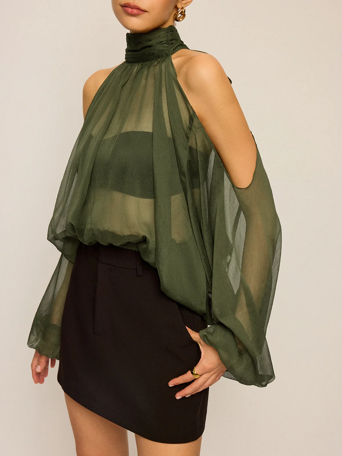 Sheer Halter Neck Cut-Out Sleeve Top with Bow Back - Wholesalesil