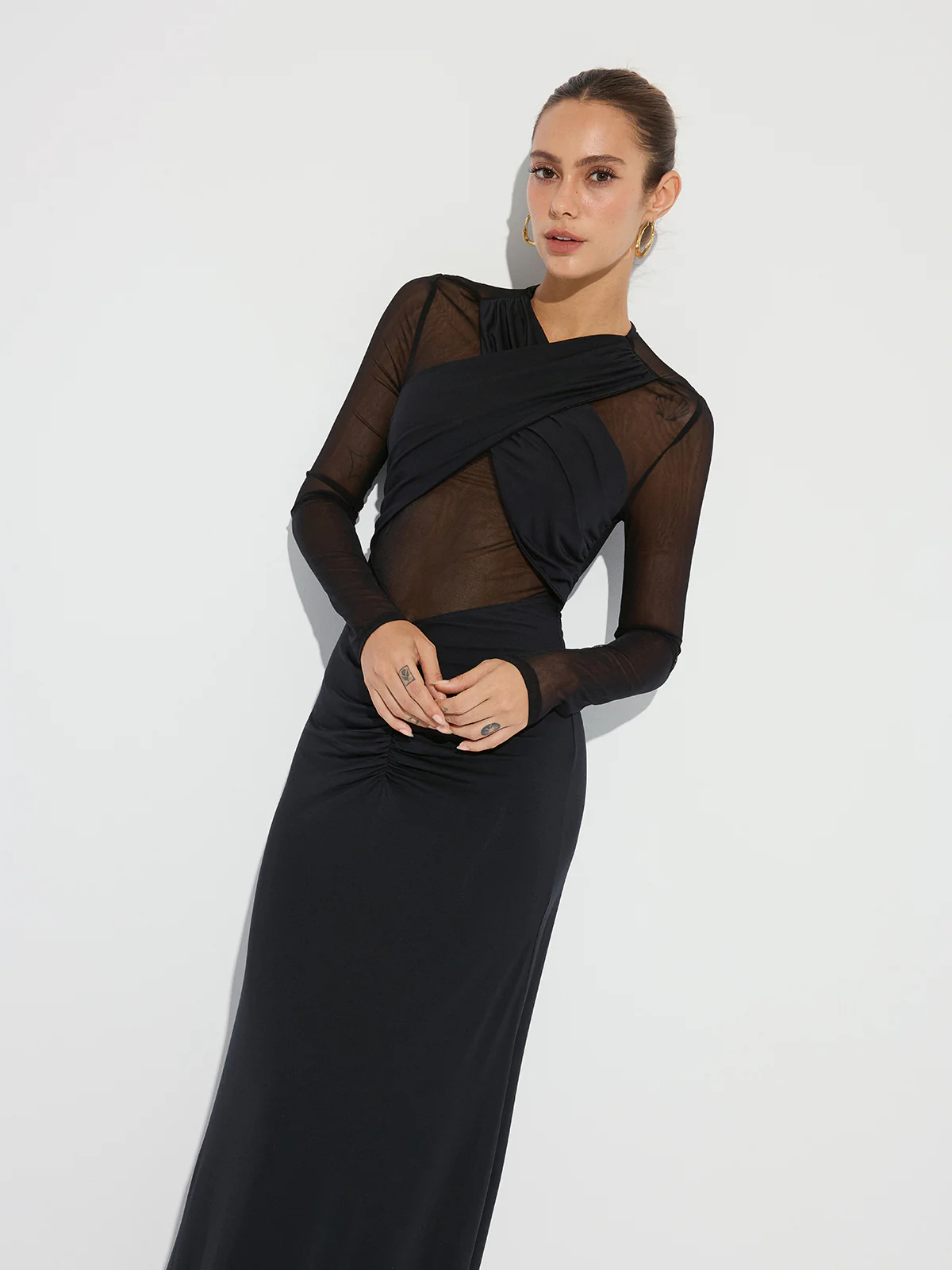Cross-Front Ruched Mesh Paneled Maxi Dress - Wholesalesil