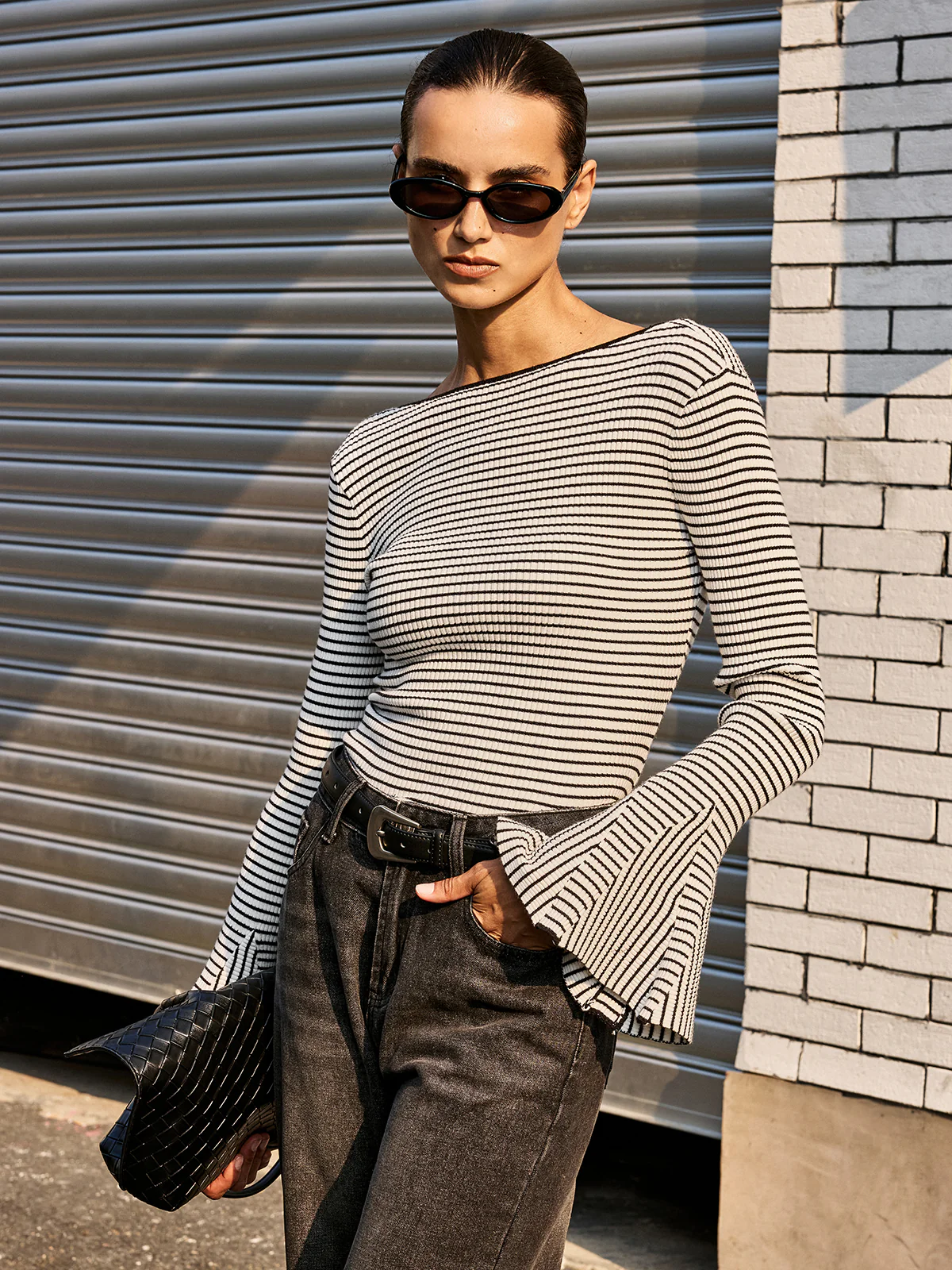 Flared Cuff Backless Striped Bodysuit - Wholesalesil