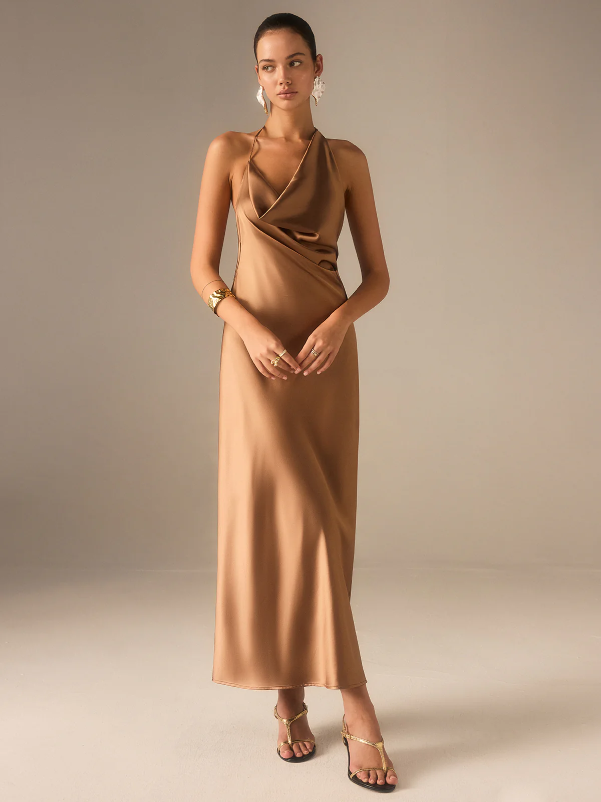 Satin Halter-Neck Backless Maxi Dress - Wholesalesil