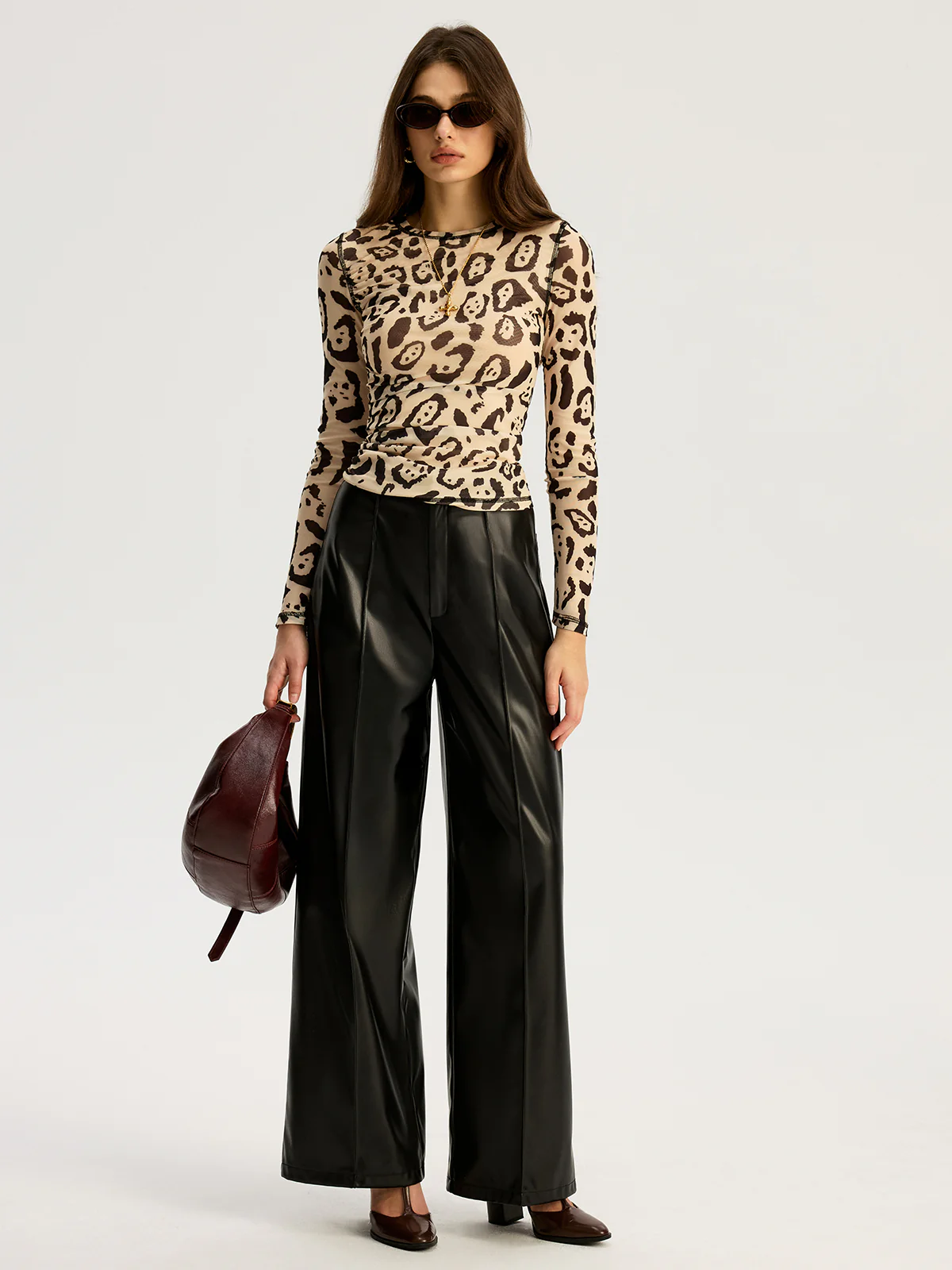 Leopard Print Mesh Long Sleeve Top - Wholesalesil