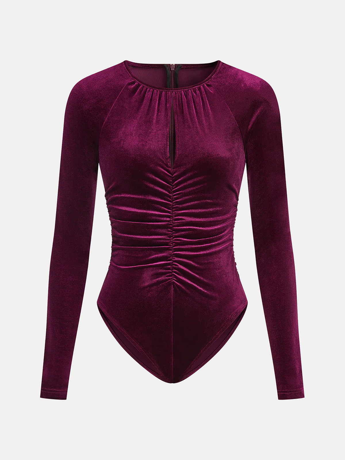 Velvet Ruched Long-Sleeve Bodysuit - Wholesalesil