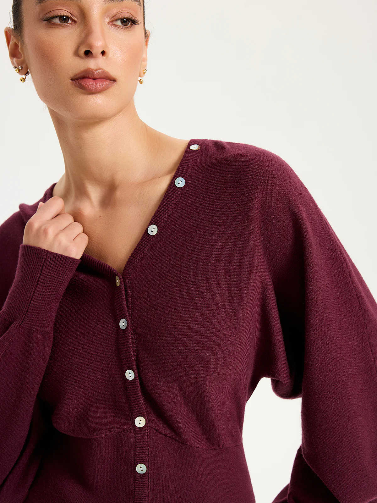 V-Neck Long Sleeve Waist-Cinched Buttoned Cardigan - Wholesalesil